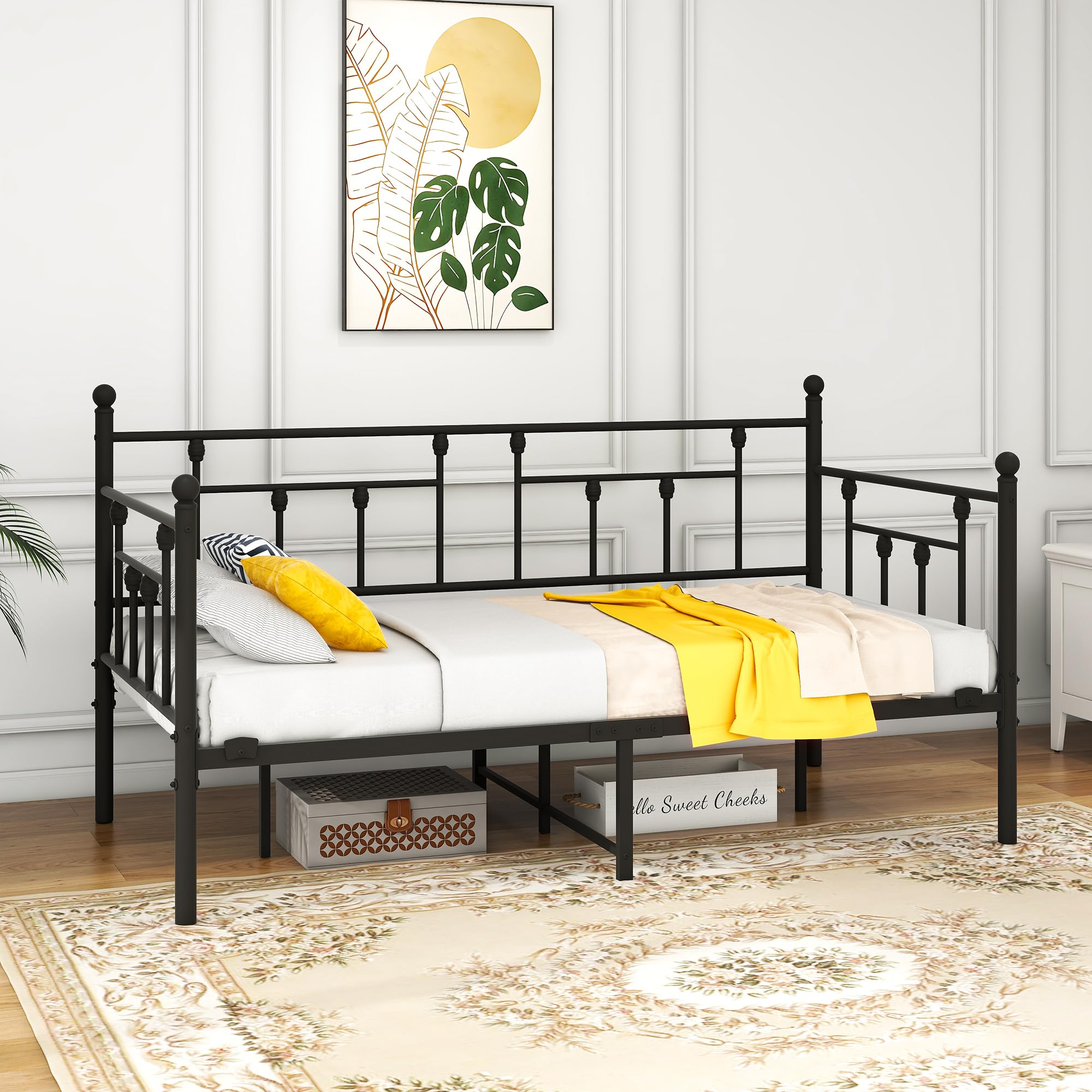 HAHRIR Metal Daybed Frame with Steel Slats Platform Furniture, Twin Size with Multifunctional Mattress Foundation, Black