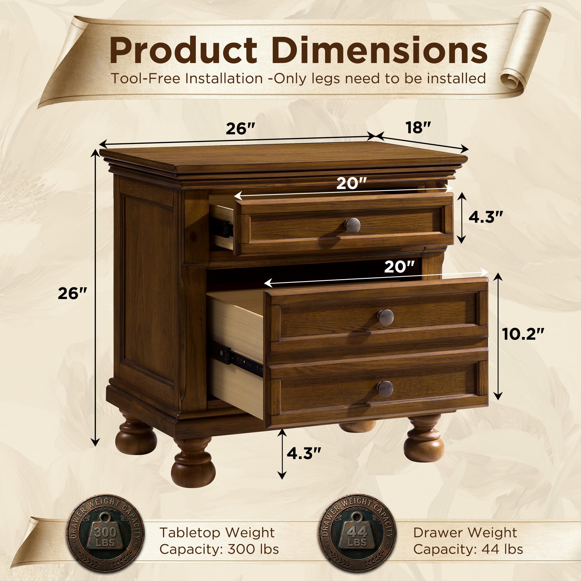 LUXOAK Fully Assembled Solid Wood Nightstand Set of 2 with 2 Drawers, Traditional Bedside End Table with 2 Storage Drawers for Bedroom, Light Brown