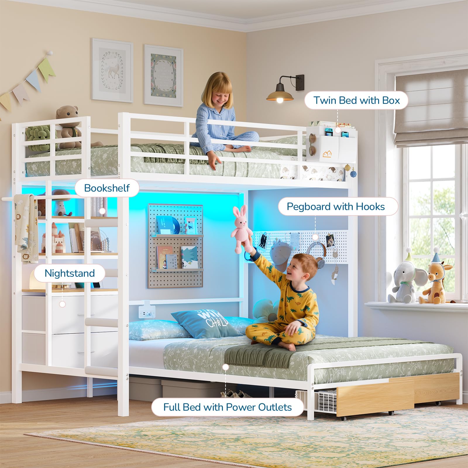 Twin Over Full Bunk Bed with Storage Drawers, Bookshelf & LED Lights
