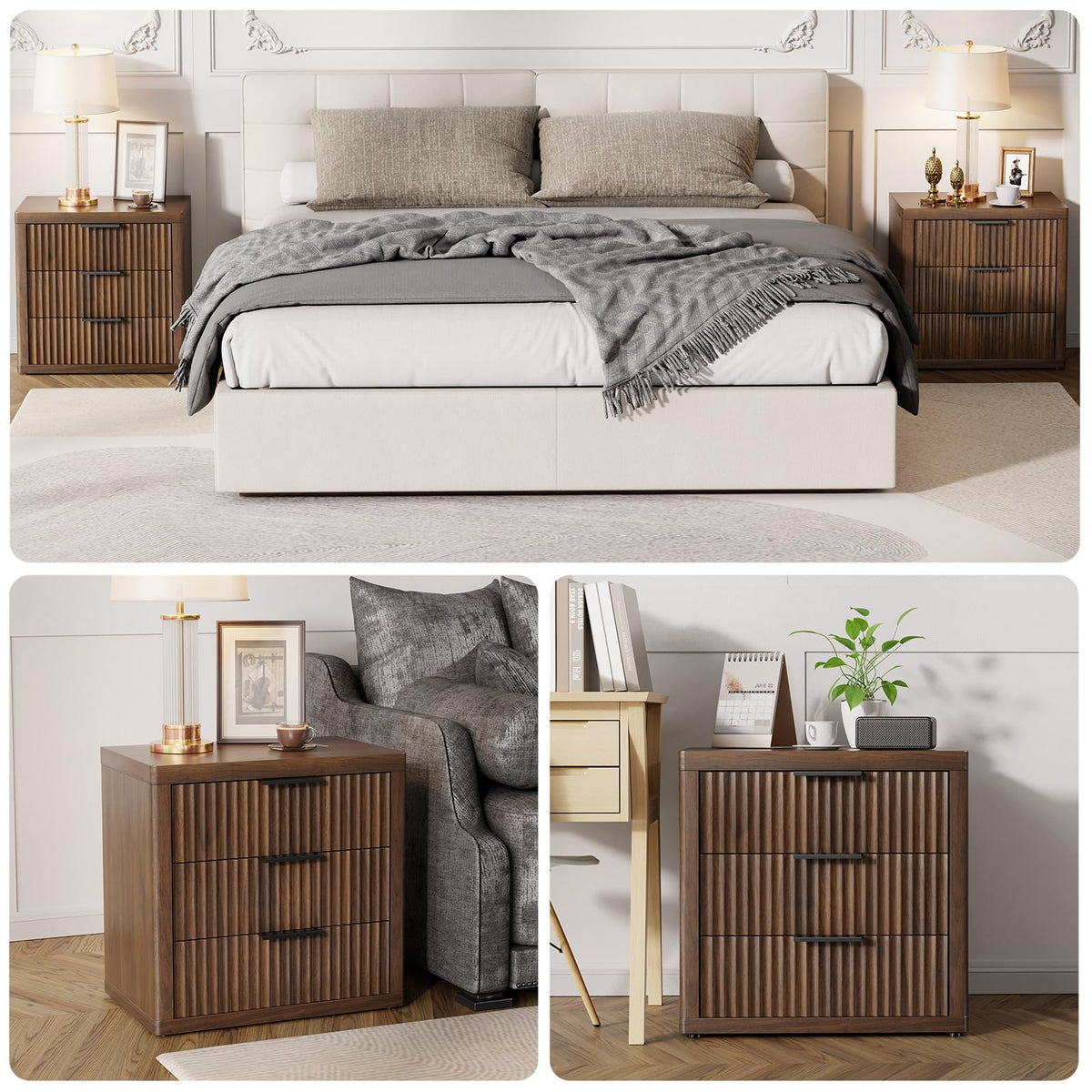 LOOMORA Fluted Nightstand with 3 Drawers, Night Stand, Walnut