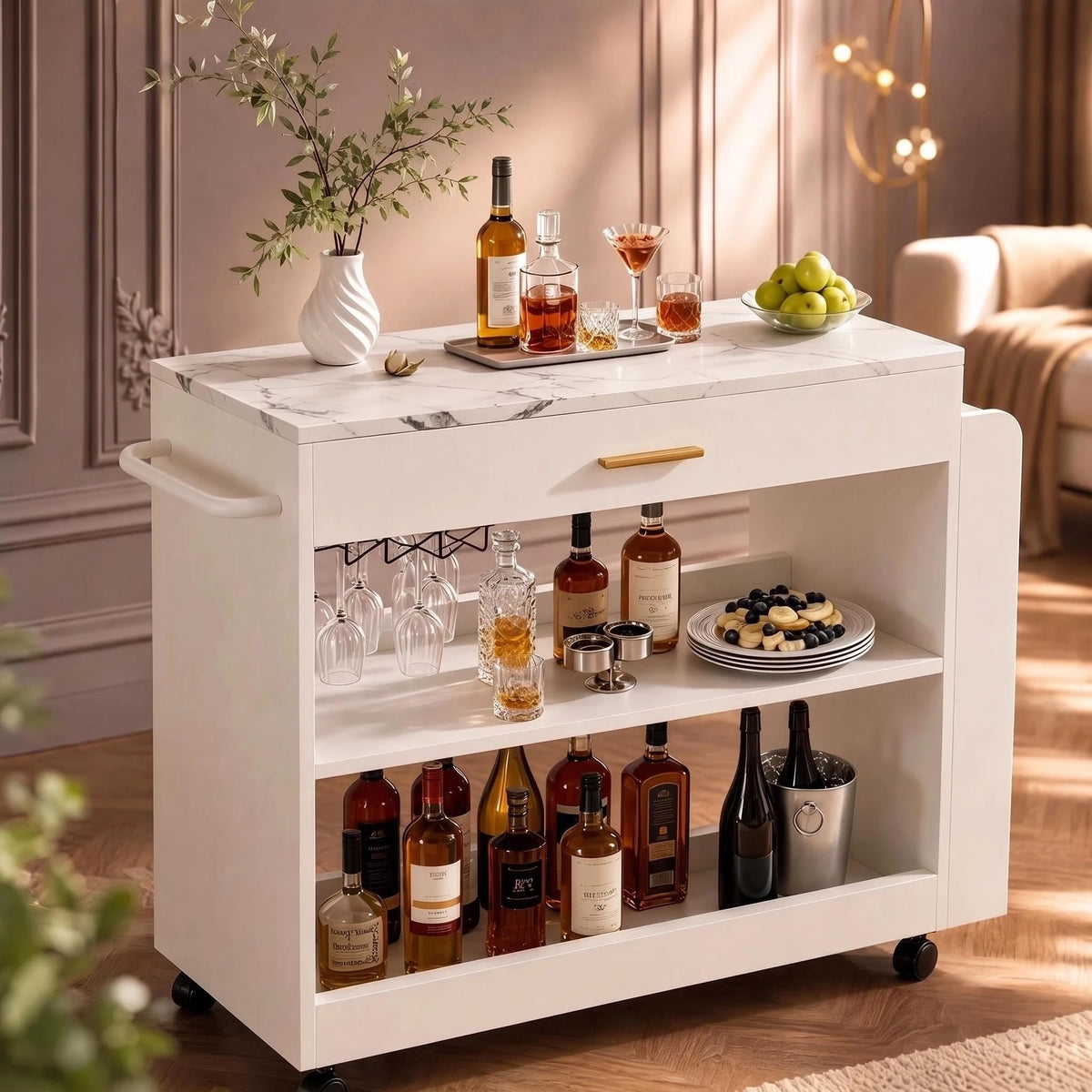 White Marble-Look Bar Cart