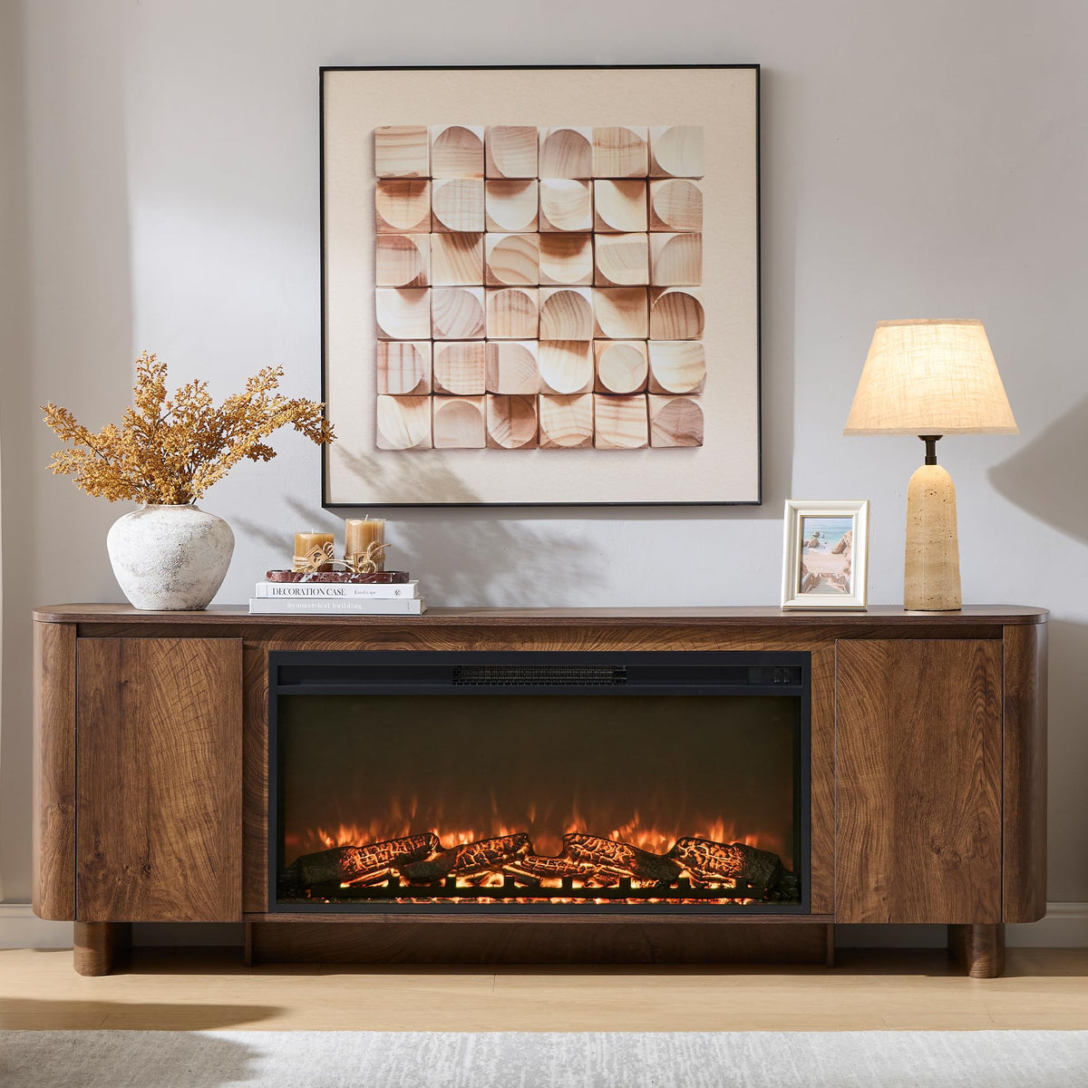 70" Fireplace Tv Stand for 80" TV with 36" Electric Fireplace,Storage