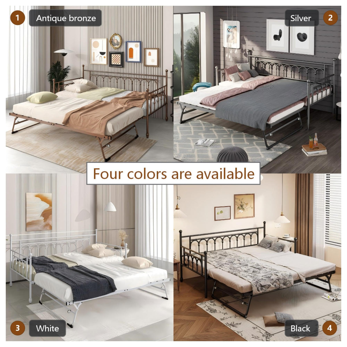 FULLJOJOR Daybed with Pop Up Trundle, Metal Daybed with Trundle, Twin Day Bed with Lockable Casters, Space-Saving Pop Up Trundle Bed Frame for Home Office, Guest Room,Bronze