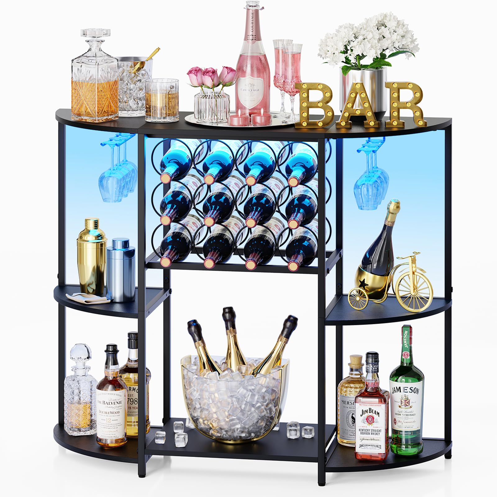 3-Tier Wine Bar Cabinet with LED Lights & Glass Holder