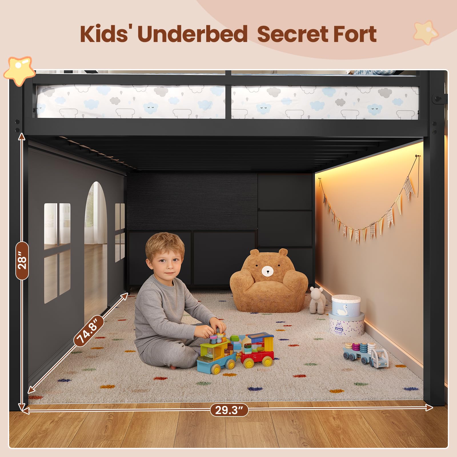 Kids Low Loft Bed with Tent, Storage & LED Lights