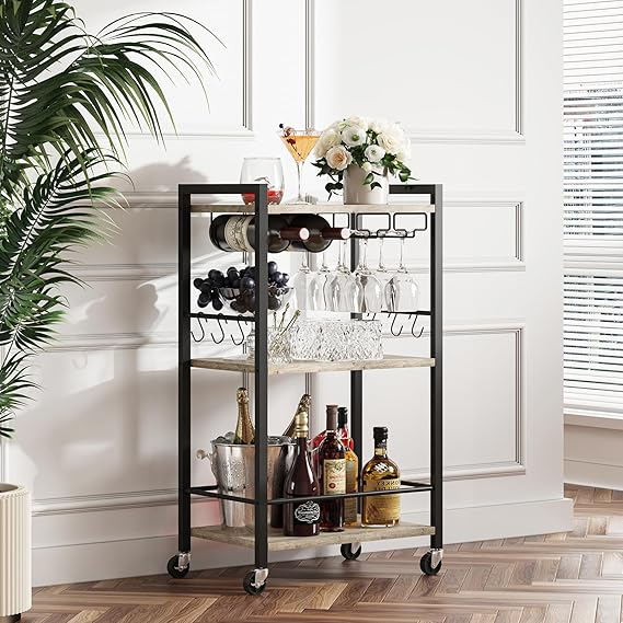 3-Tier Rolling Bar Cart with Wine Rack & Glass Holder