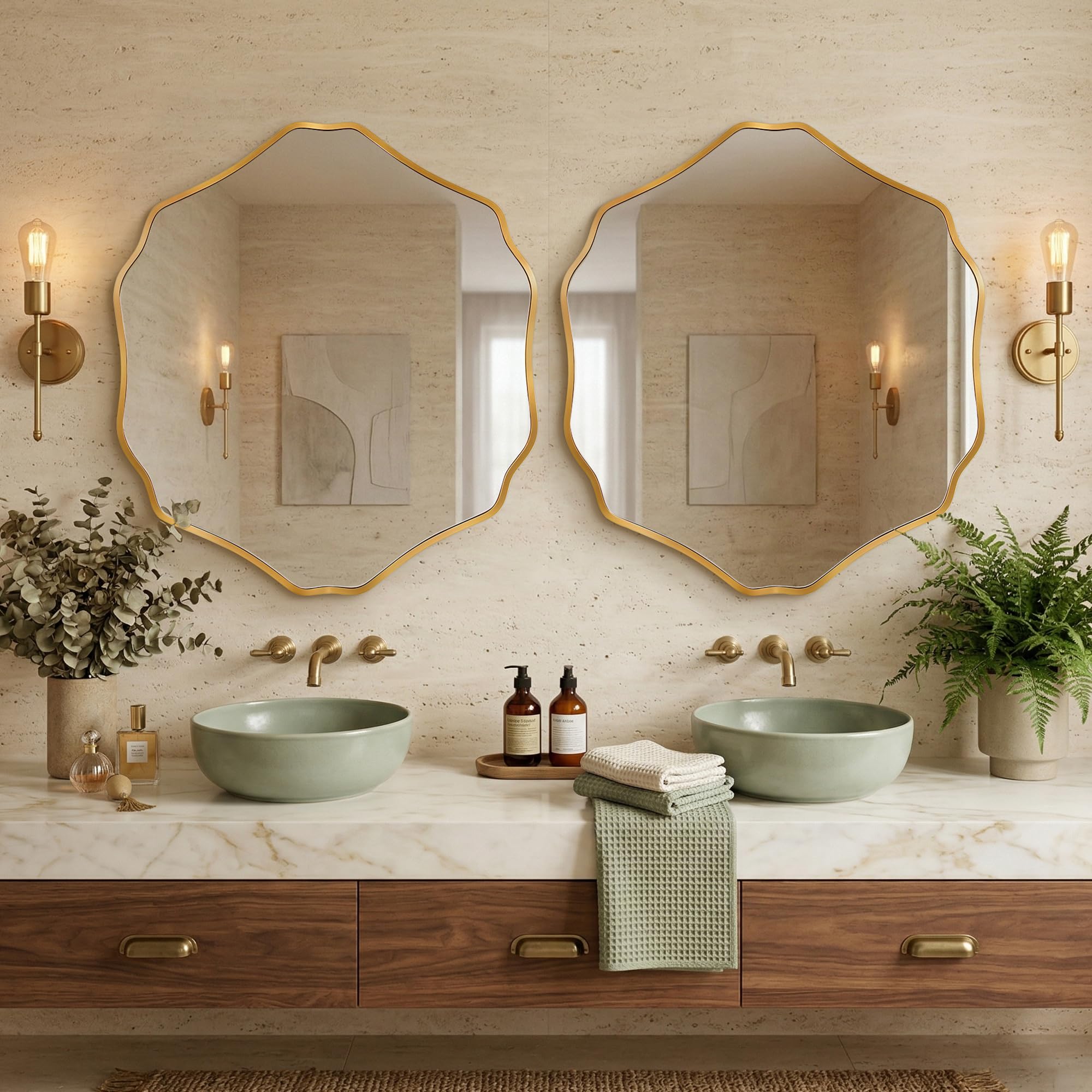 Hexagonal Wall Mirror with Wavy Edge & Brushed Gold Frame