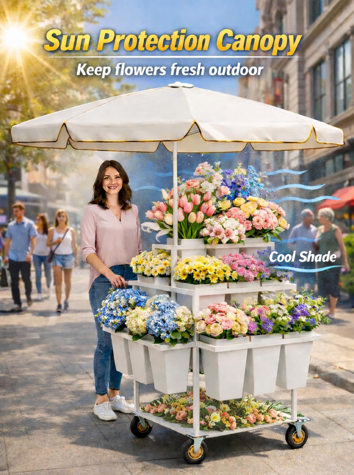 FEFZSFER Heavy Duty Flower Cart Display Stand with Umbrella, Rolling Flower Cart with 18 Buckets,Flower Carts with Wheels For Flower Shops, Markets, Events (White)