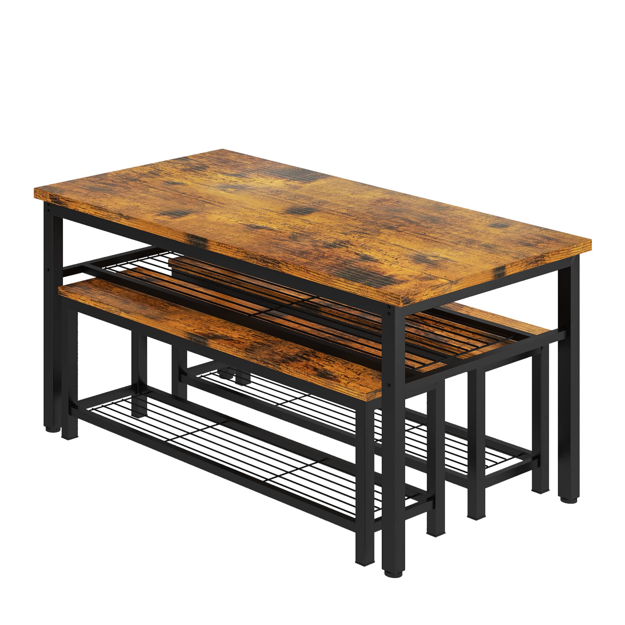 AWQM 43.3" Dining Table Set for 4, Kitchen Dining Table with 2 Benches, Dining Room Table Set with Metal Frame & Storage Rack for Kitchen, Restaurant, Rustic Brown