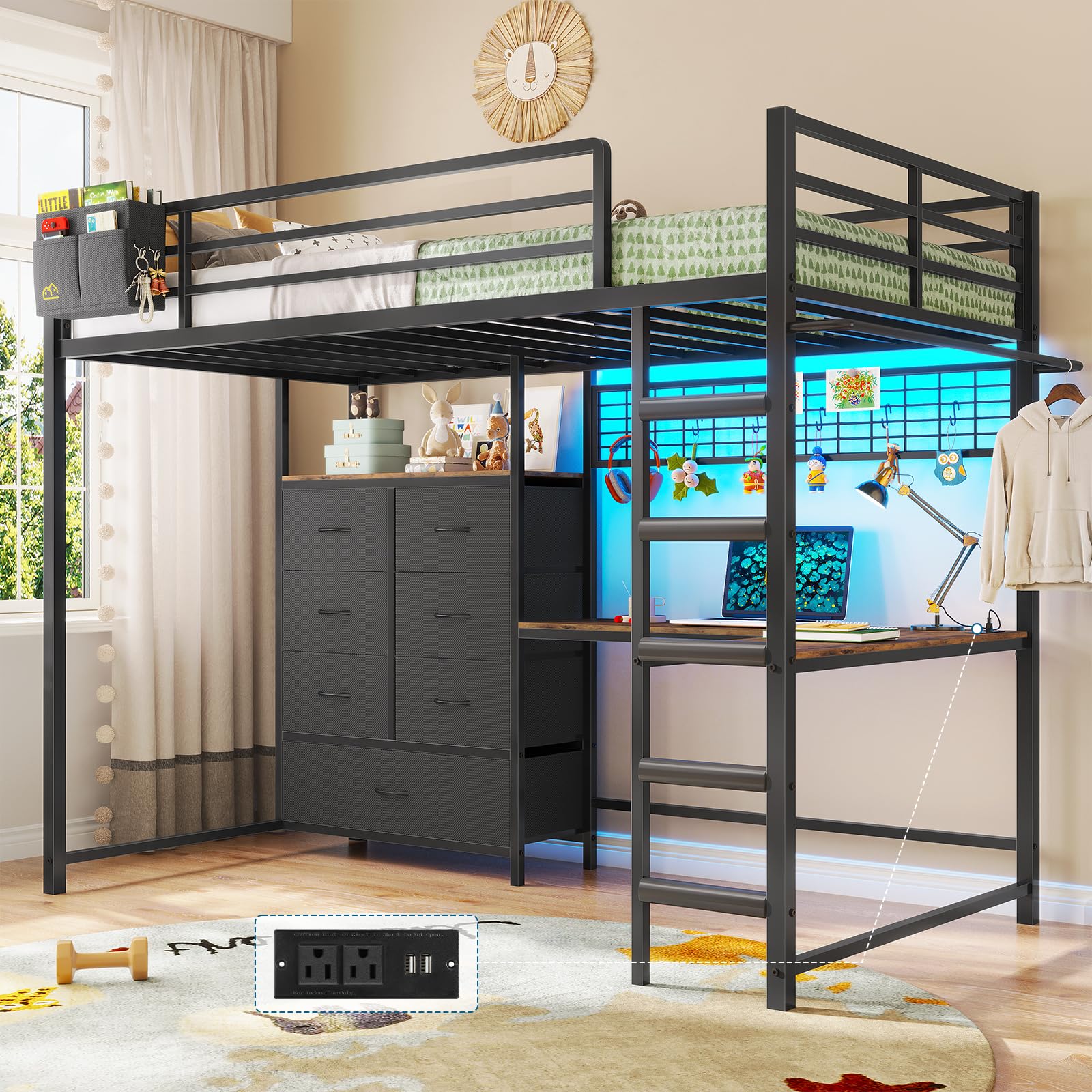 Twin Loft Bed with L-Shaped Desk & Storage