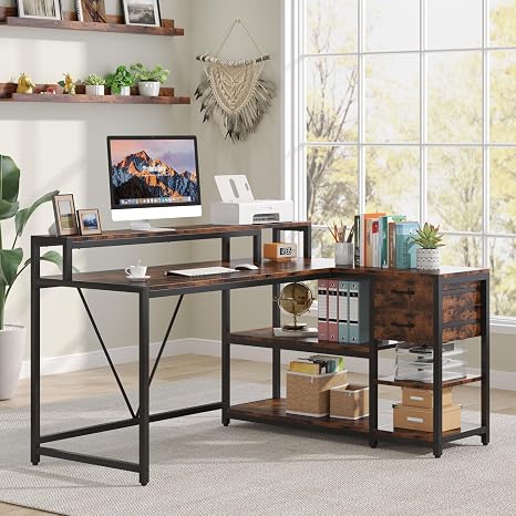 L-Shaped Corner Desk with Drawers, Shelves & Monitor Stand
