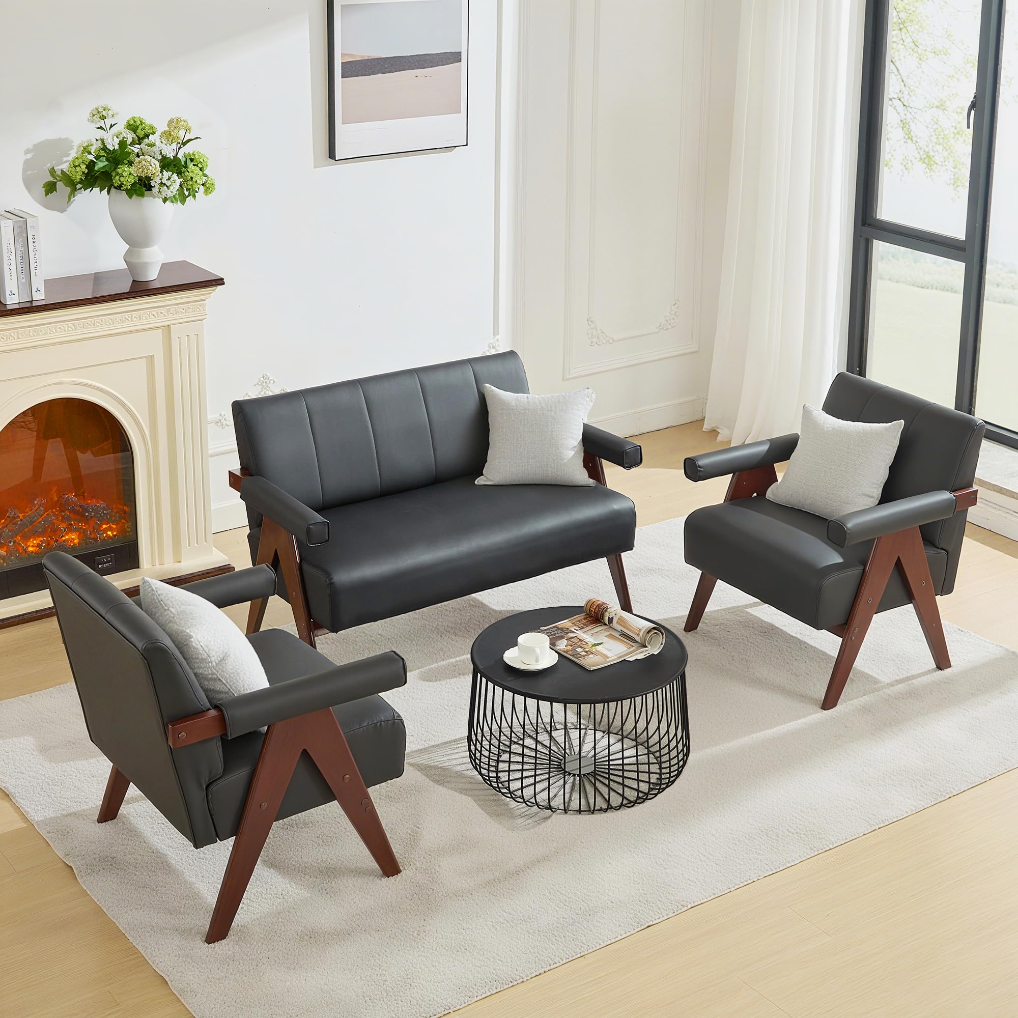 Faux Leather Loveseat Sofa & Accent Chair Set | Mid-Century Modern