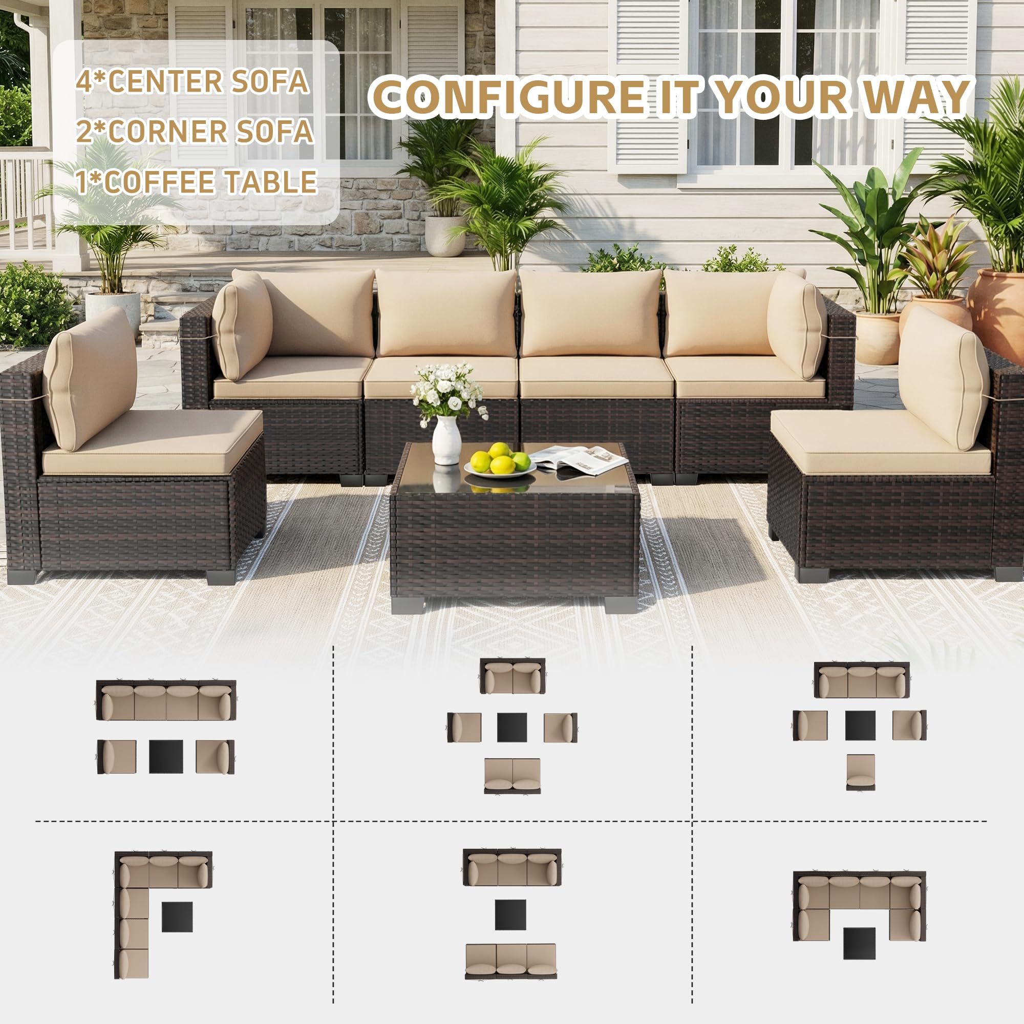 7-Piece Outdoor Rattan Patio Furniture Set with Tea Table