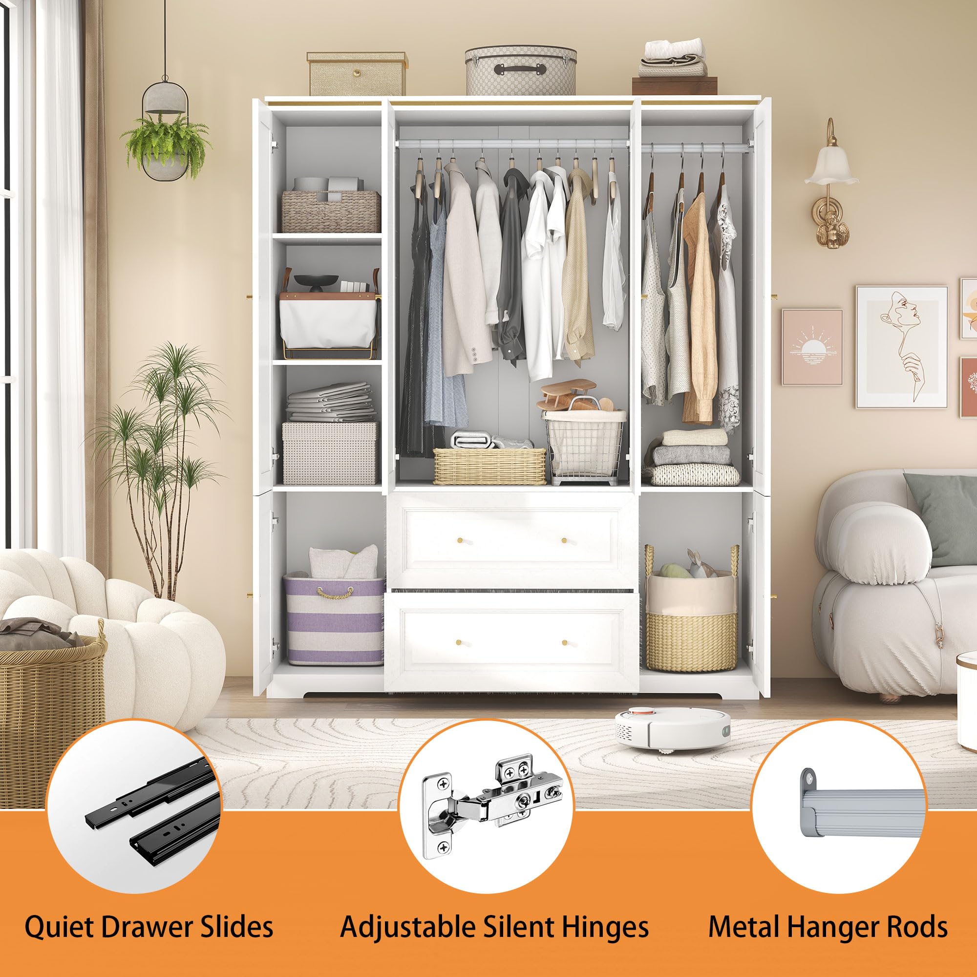 Wardrobe Closet with Drawers and Hanging Rod