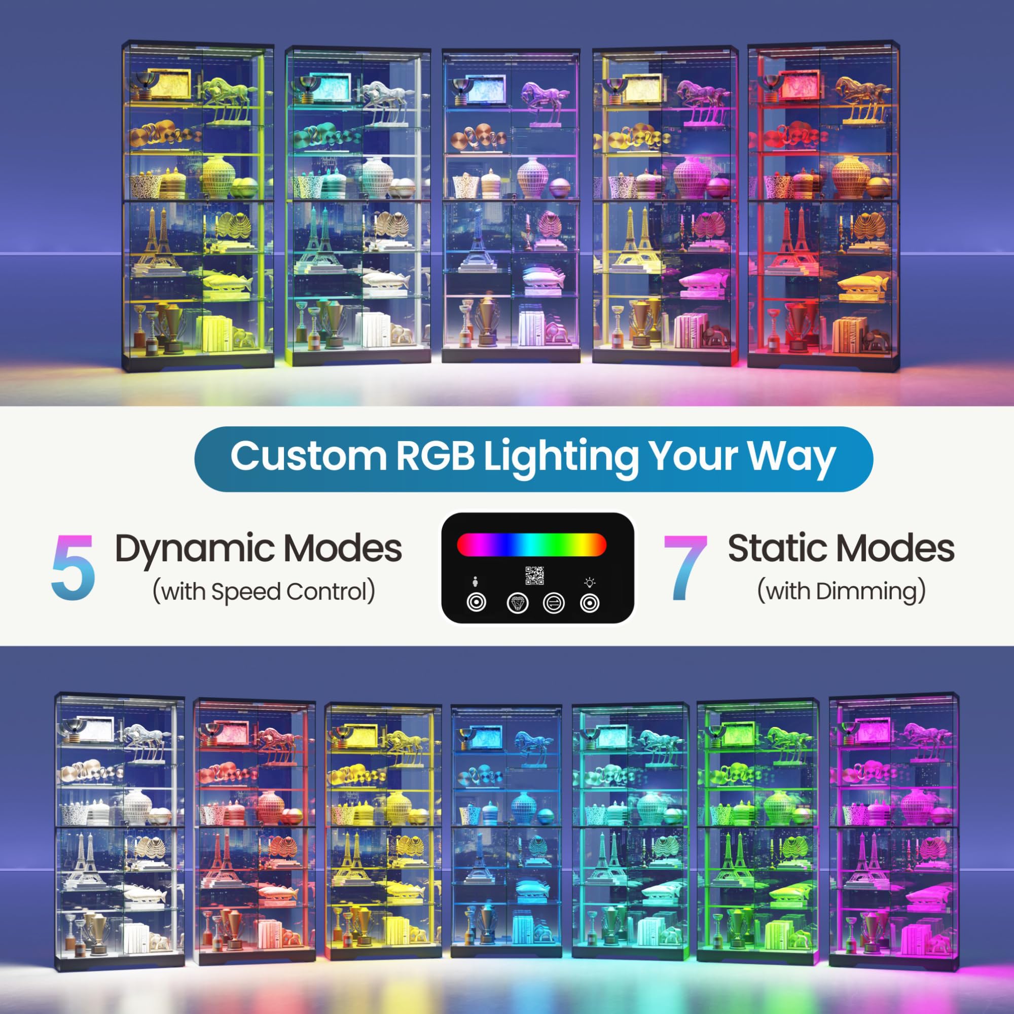 Glass Display Cabinet with RGB Lighting, 10 Compartments