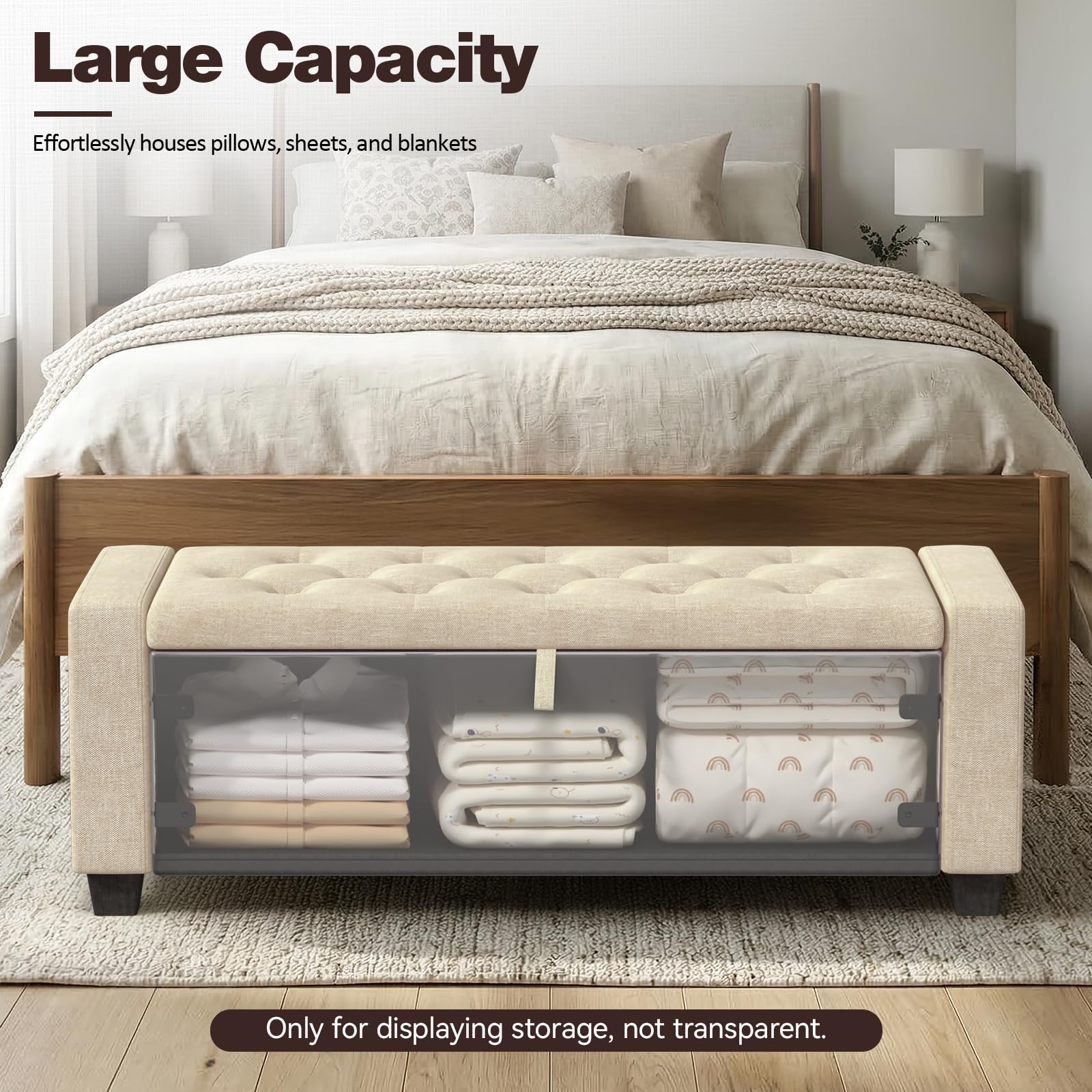 DUSACOM Storage Ottoman Bench, 50" End of Bed Bench with Legs,Storage Chest with Safety Hinge, Modern Entryway Benchs for Living Room, Bedroom, Entryway, Beige