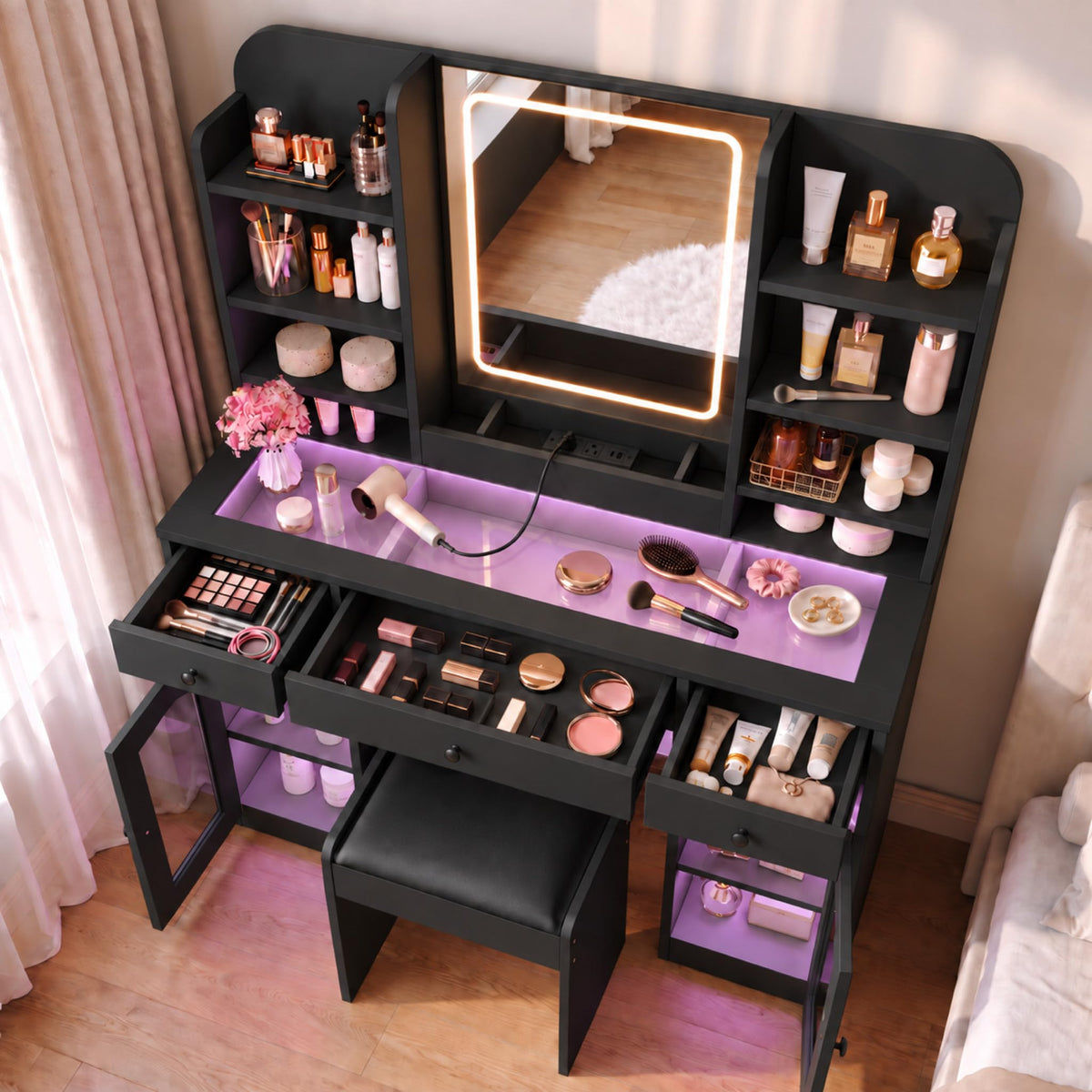 43" Vanity Desk with Mirror & Lights, Glass Top Makeup Vanity Set, Black