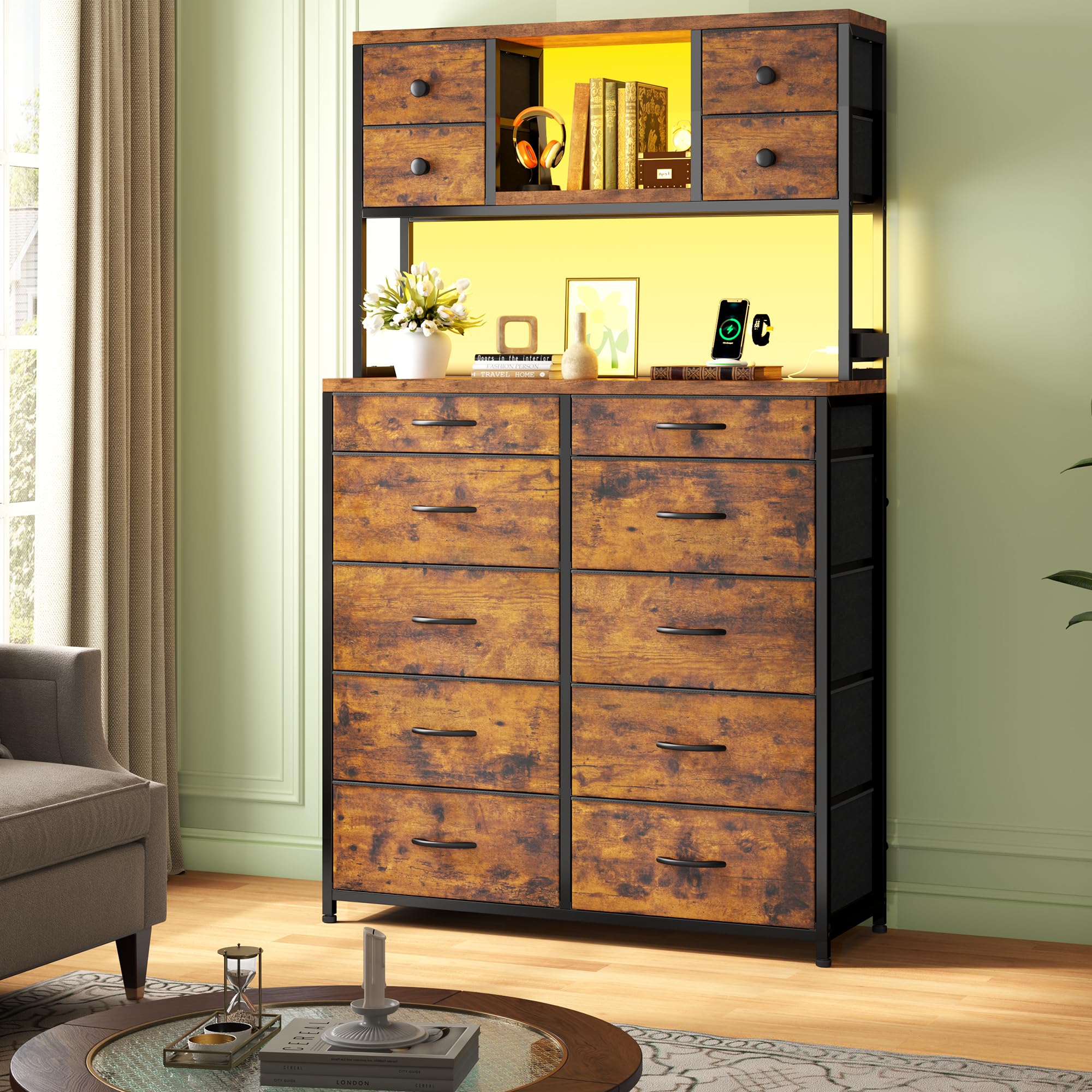 62“H Dresser for Bedroom with Large Drawers,Dressers & Chests of Drawers Featuring LED Light and Charging Ports,Sturdy Fabric Drawers with Open Storage Shelves, Wood Top,Steel Frame(Rustic Brown)