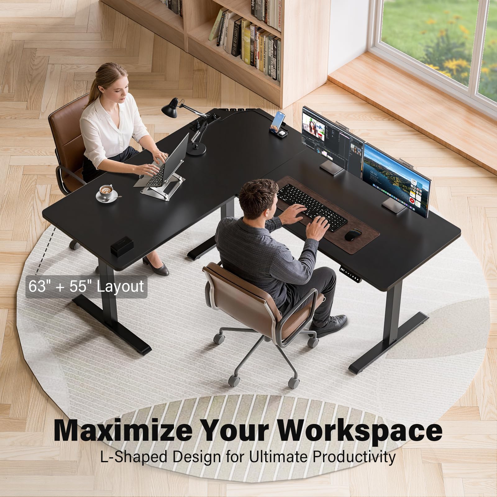ExaDesk 63 x 55 inch L-Shaped Standing Desk, Corner Computer Desk, Electric Standing Desk Adjustable Height, Sit to Stand Ergonomic Workstation for Home Office, Black
