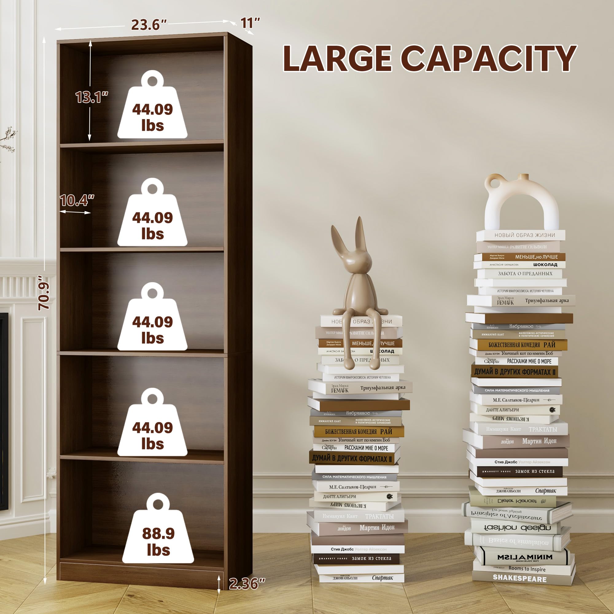 Nestwise 5 Tier Bookshelf, 71" Tall Bookcase Floor Standing, Large Wood Bookshelf with Anti-Tipping Device & Base, 5 Shelf Open Display Book Shelf for Living Room, Bedroom, Dining Room, Home Office