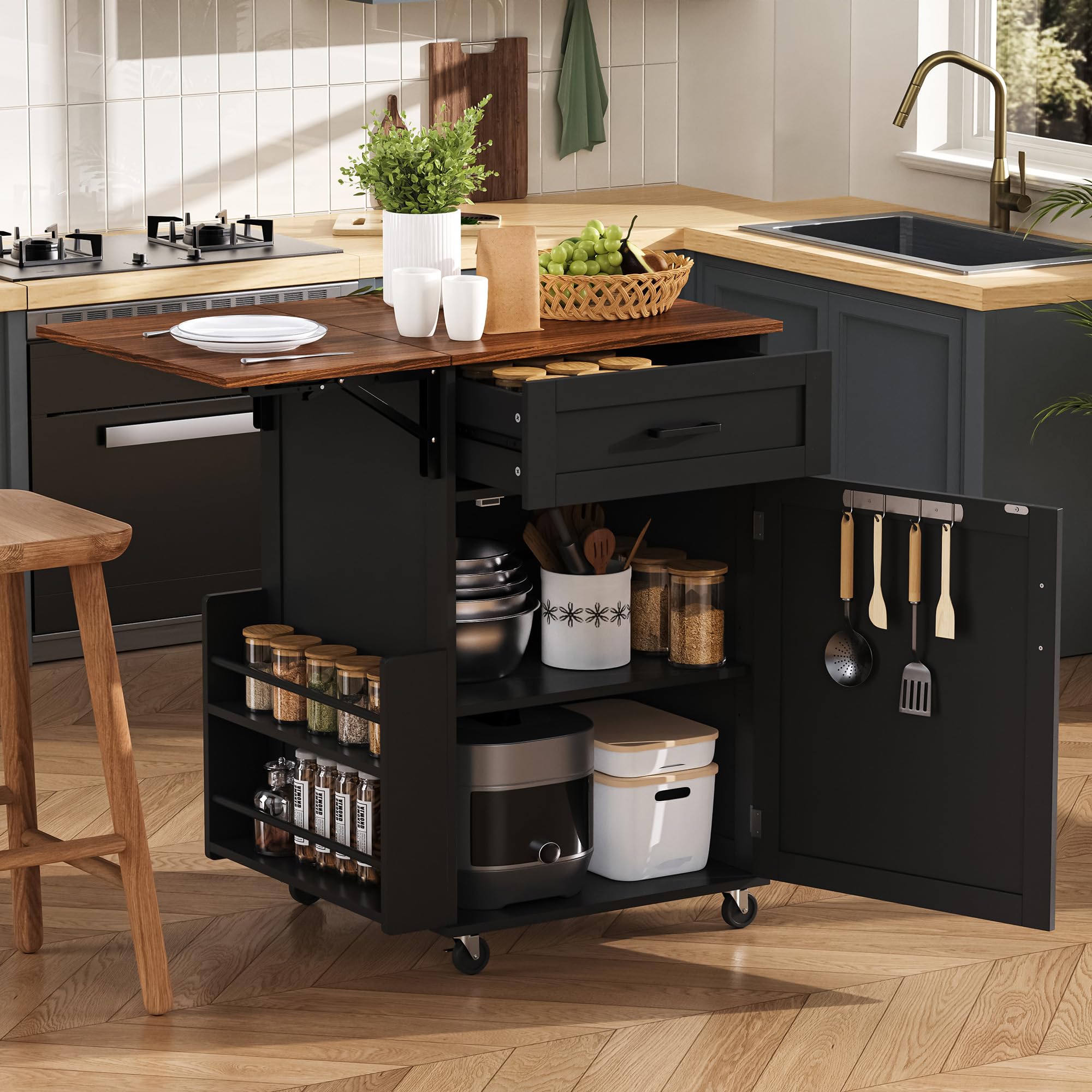 Seeheool K&K 39.3" Farmhouse Kitchen Island with Drop Leaf, Kitchen Storage Island with Open Side Rack, One Drawer, Towel Rack, Rolling Kitchen Cart with Lockable Wheels for Lawn Garden, Black