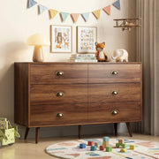 CARPETNAL Walnut Dresser for Bedroom, 6 Drawer Dresser with Wide Drawers and Gold Metal Handles, 47” Wood Dressers & Chests of Drawers for Hallway, Entryway.