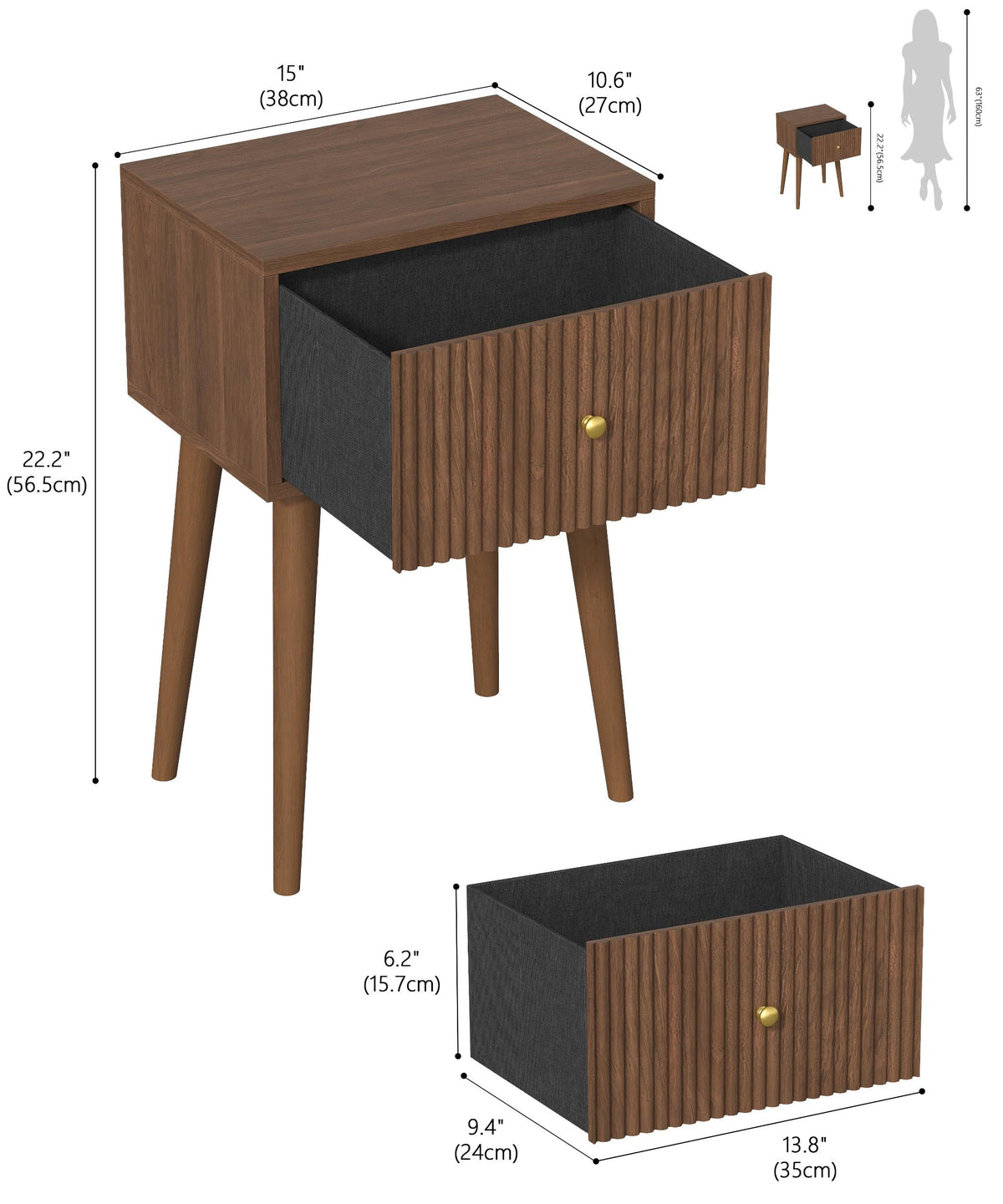 Akxomel Small Nightstand Set 2 Fluted Wooden Nightstands Wood Legs Walnut