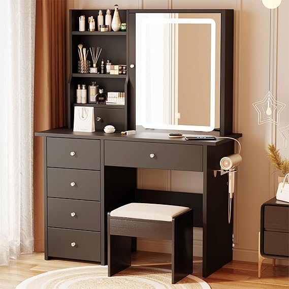 Vanity Desk with Mirror, LED Lights & Power Outlet