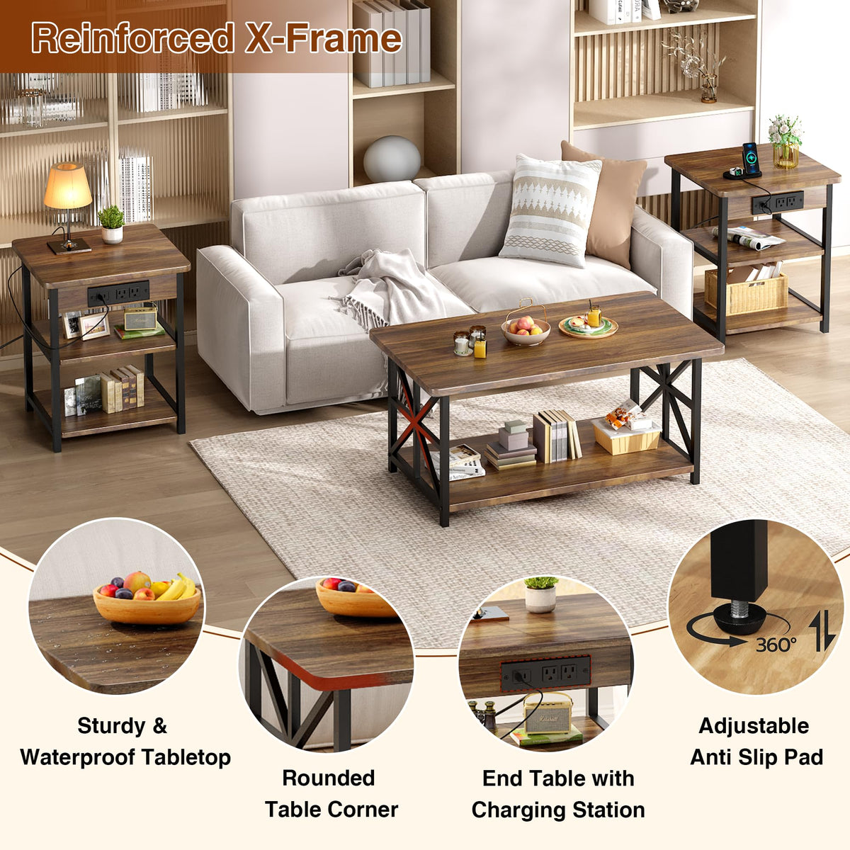 AWQM 3 Piece Coffee Table Set,End Table with Charging Station(Walnut)