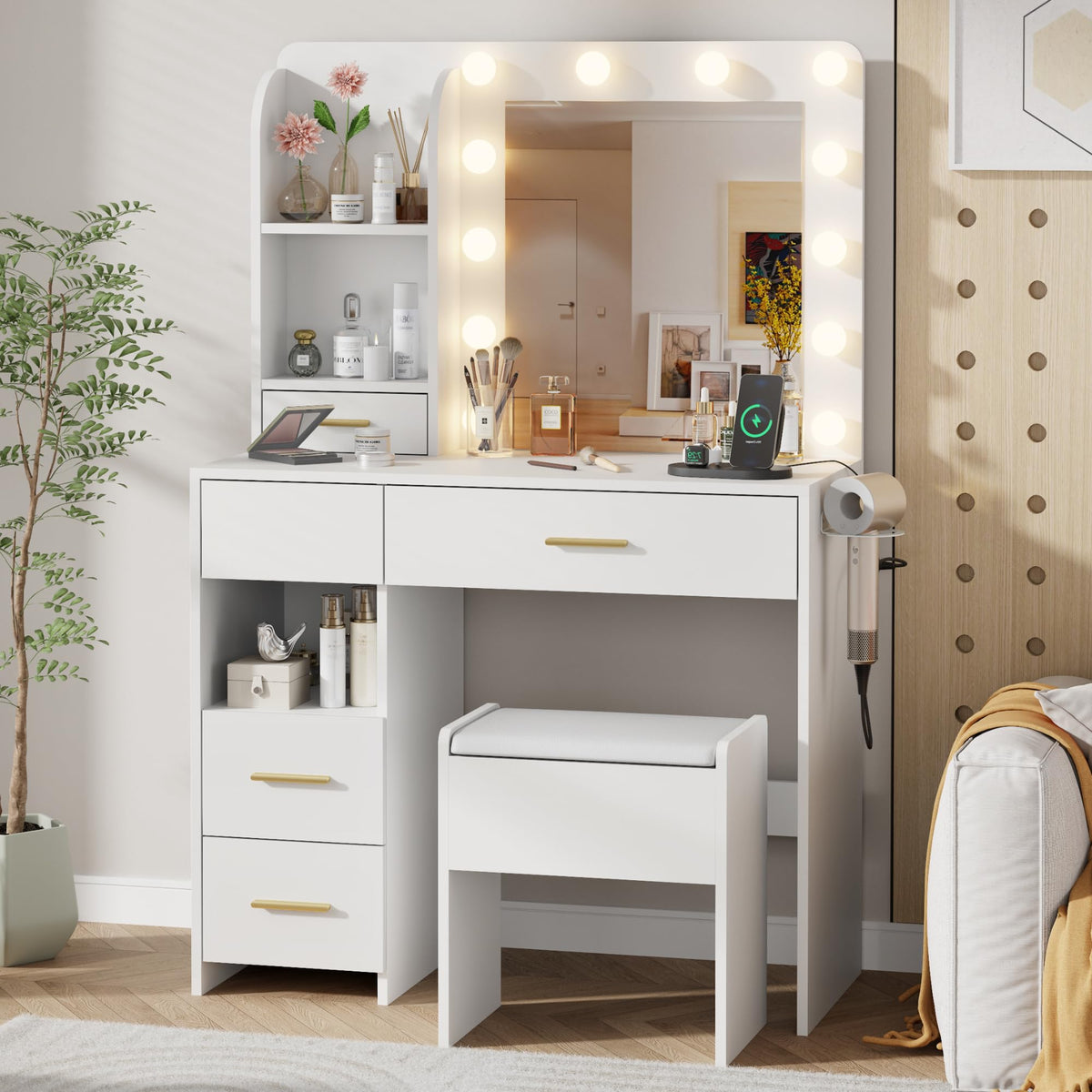 Otterease 35" Makeup Vanity Desk with LED Mirror, Storage Stool, White