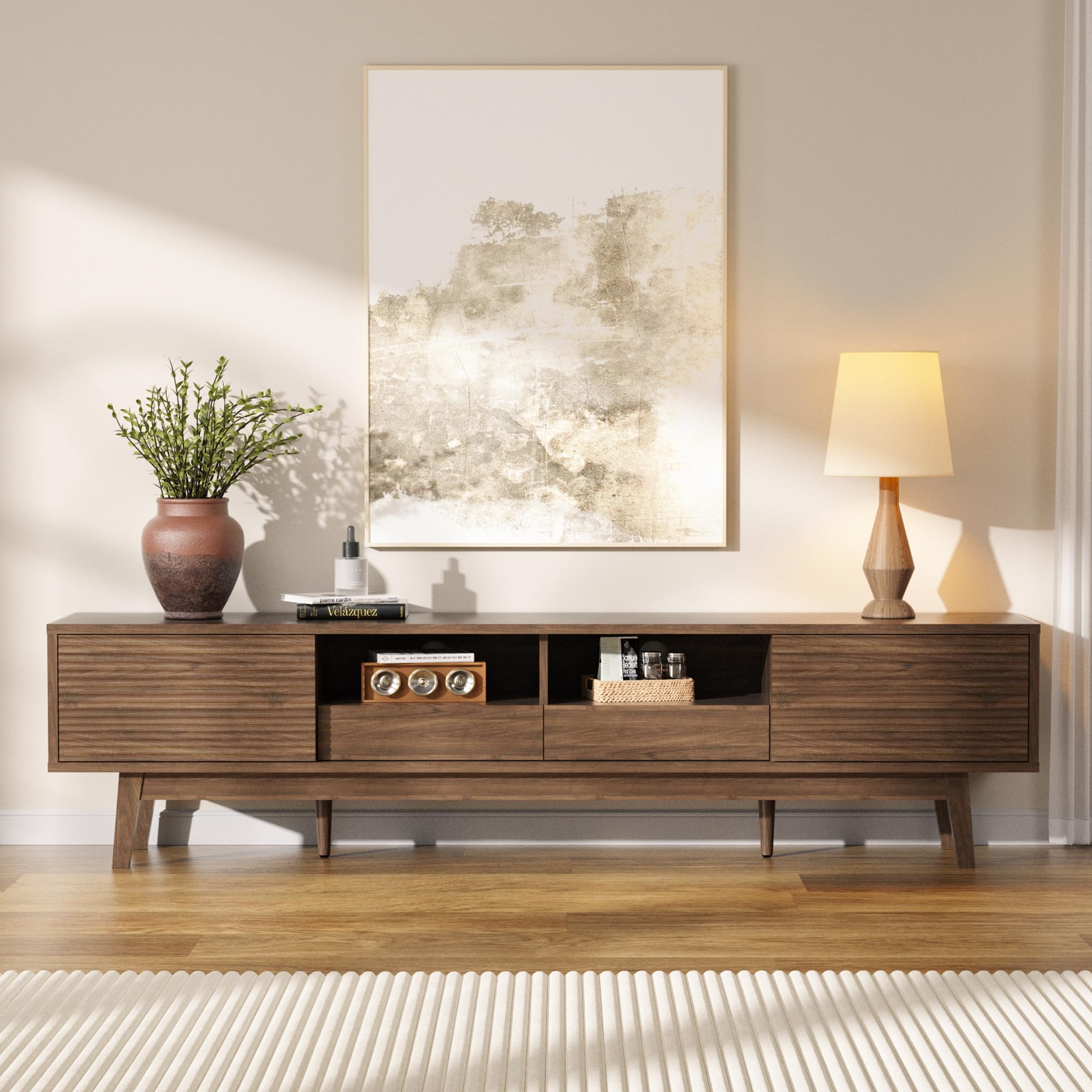 MU 70 Inch TV Stand for TVs up to 80 Inch, Mid Century Modern TV Console with Fluted Sliding Doors, Shelves & Drawers, Low Profile Entertainment Center for Living Room (Walnut, 70")