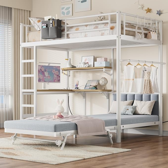 Twin Loft Bed with Desk and Folding Bed