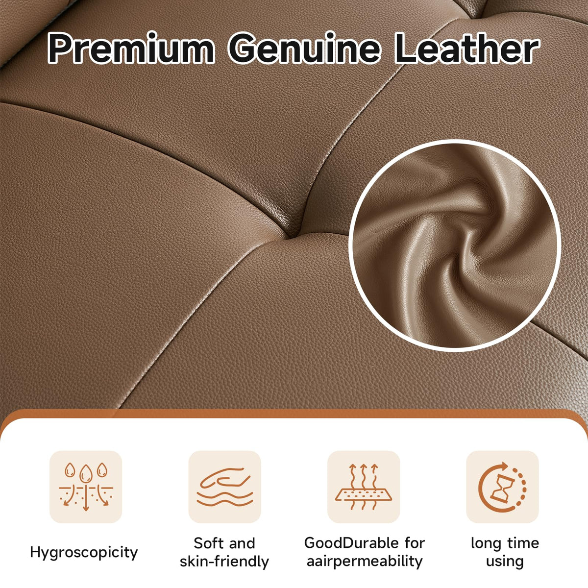 Genuine Leather Sofa with Adjustable Headrests, 122" Modern Modular Sectional Couch with Drop-Down Cup Holder Console, 3-Seater Leather Couches with Solid Wood Frame for Living Room, Office, Brown