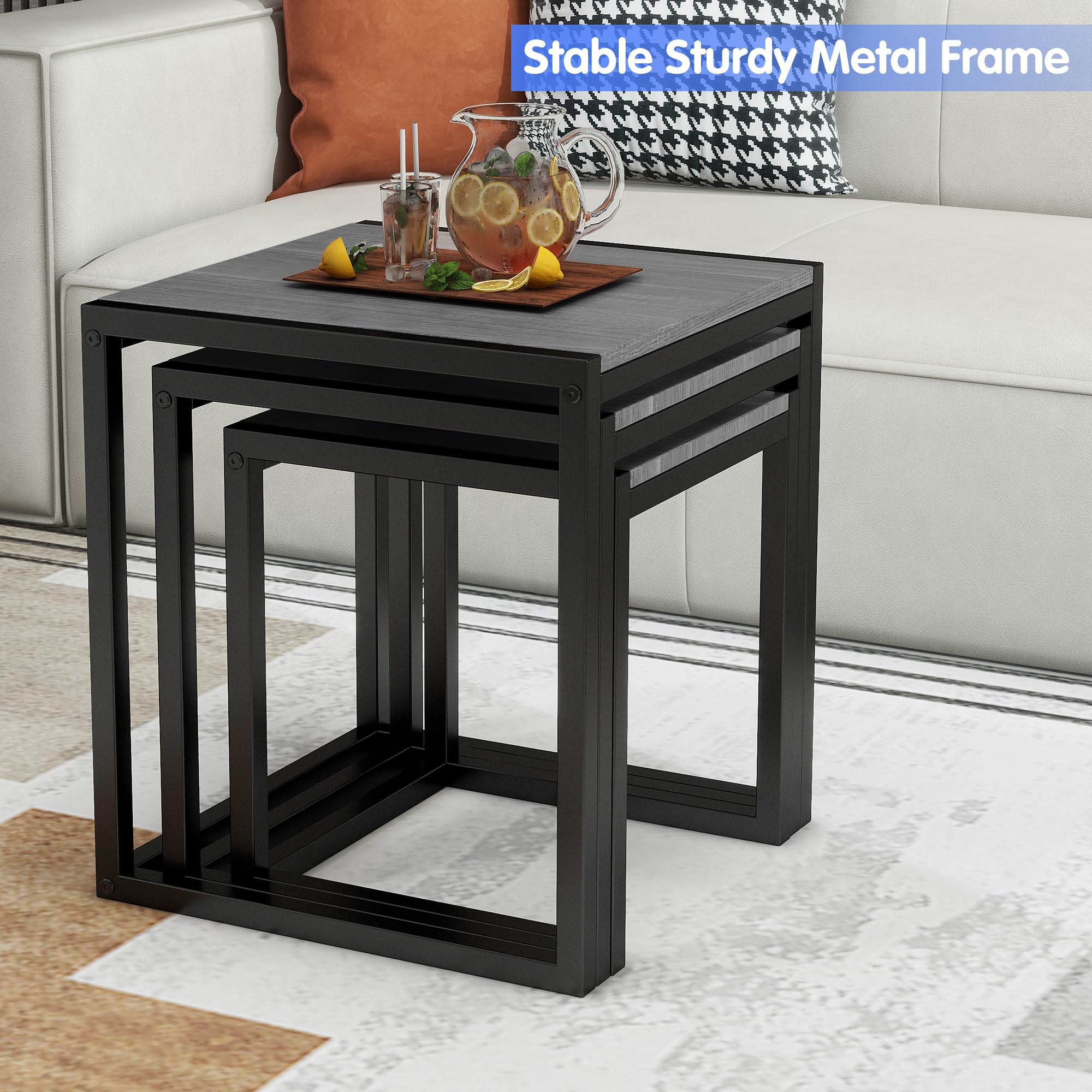 Nesting Side Table Set of 3 with Metal Frame