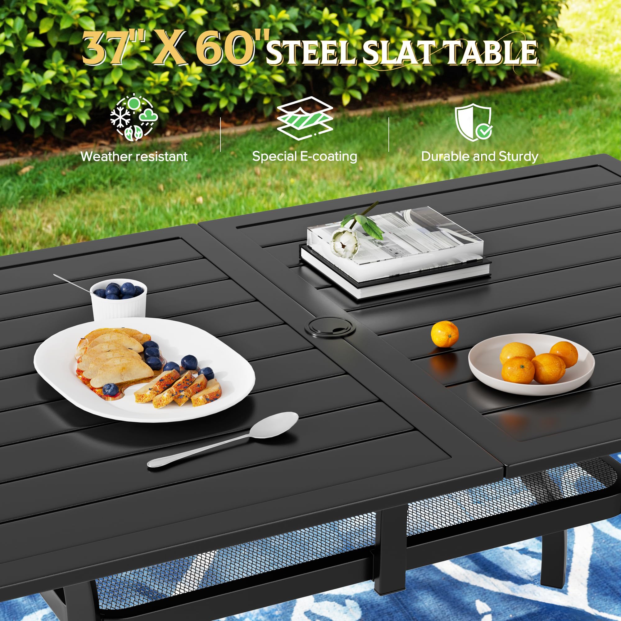 SUNCROWN 60"x37" Black Patio Outdoor Dining Table Metal Steel Slat Rectangular Bistro Table for Porch Deck Garden Backyard Poolside, 1.57" Umbrella Hole