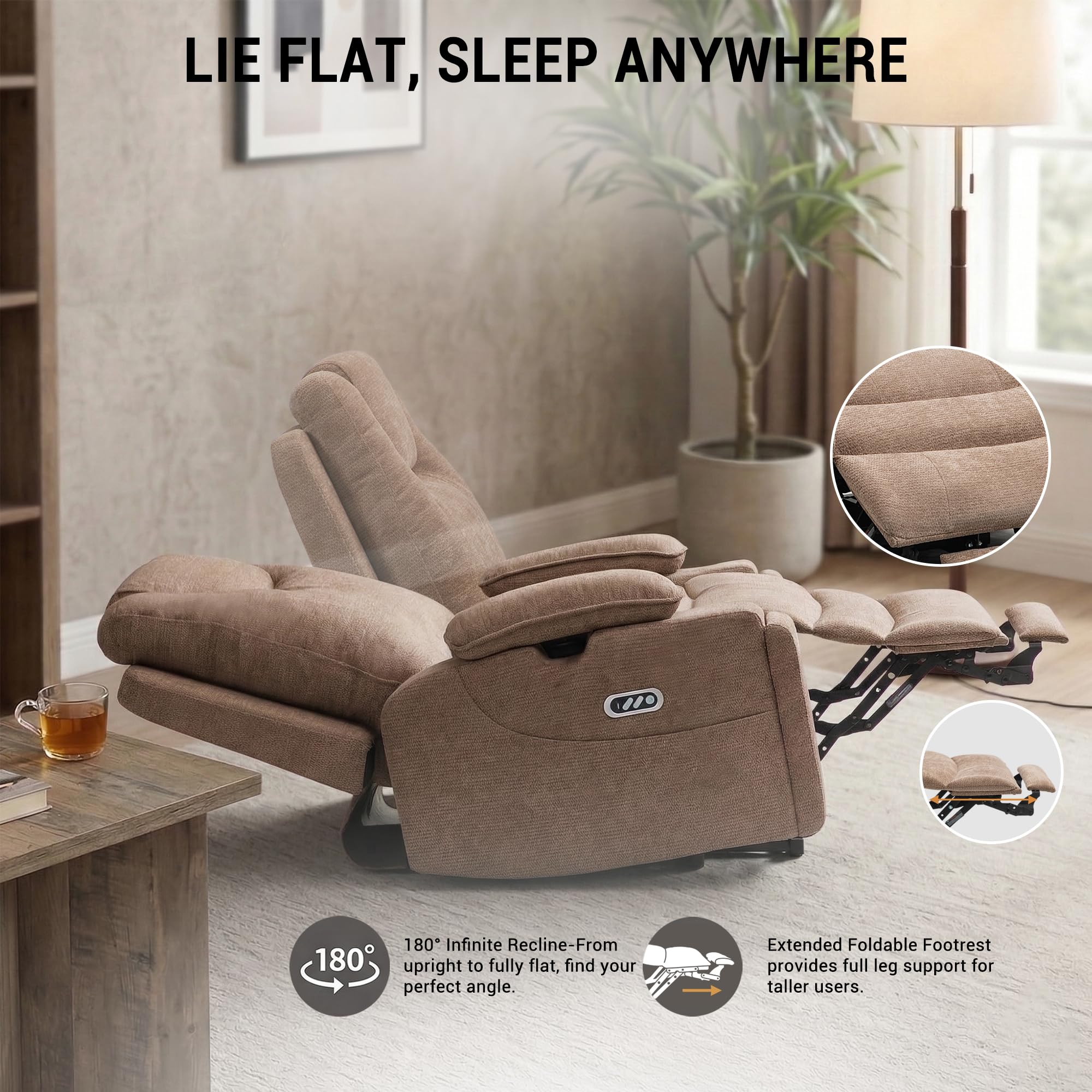 ZORRTIK Oversized Dual Motors Recliner Power Lift Chair for Elderly Big Tall, Zero-Gravity Power Recliner Sofa, 350lbs Heavy Duty Seat with 4D Armrests, Full Lay-Flat Positioning, Phone Slot, Brown