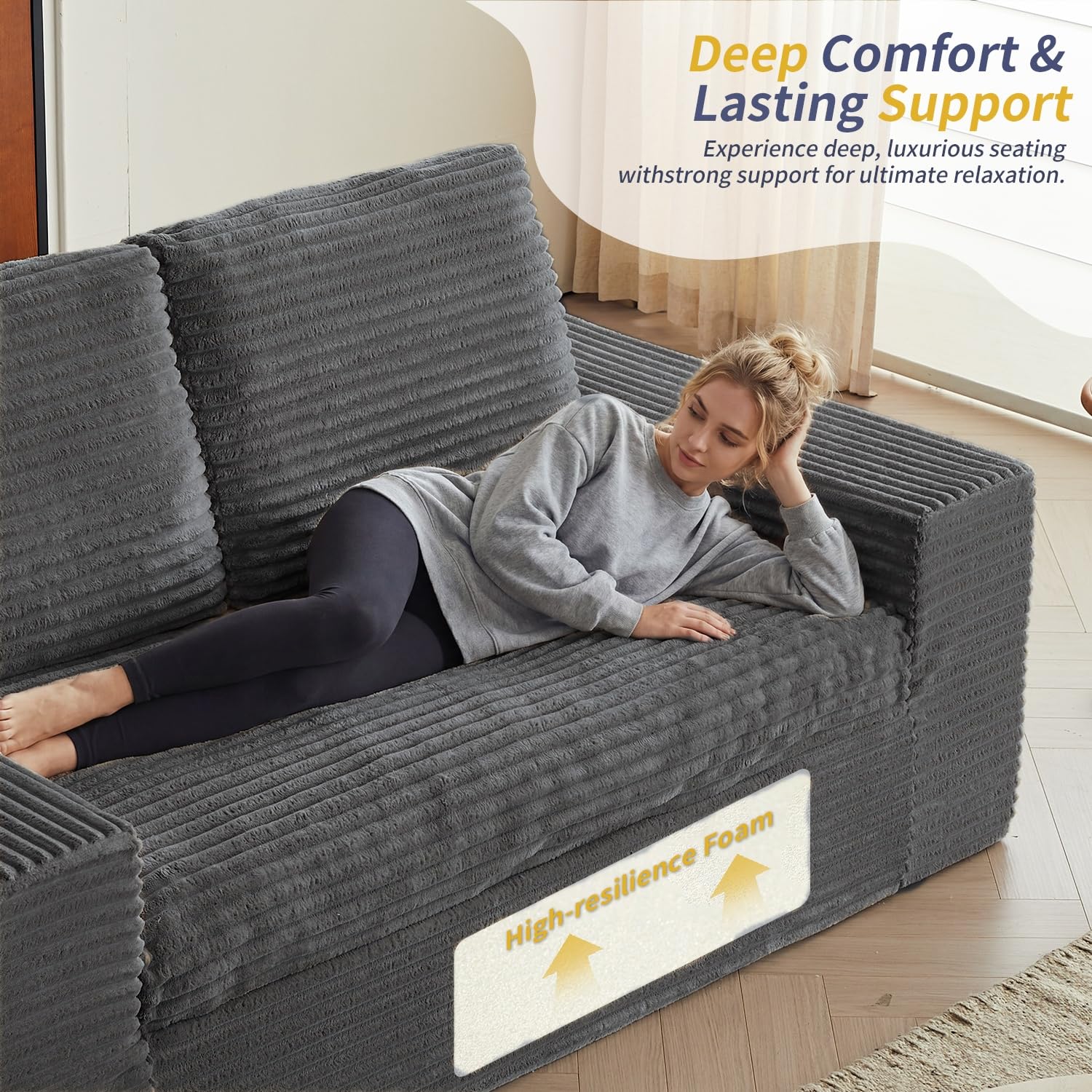 75" Fluffy Corduroy Boneless Couch Cloud Loveseat with Wide Armrest, Upholstered Floor Sofa in A Box, No Assembly Required, Sleeper Sofa for Small Compact Living Room,Office,Apartment (Grey)