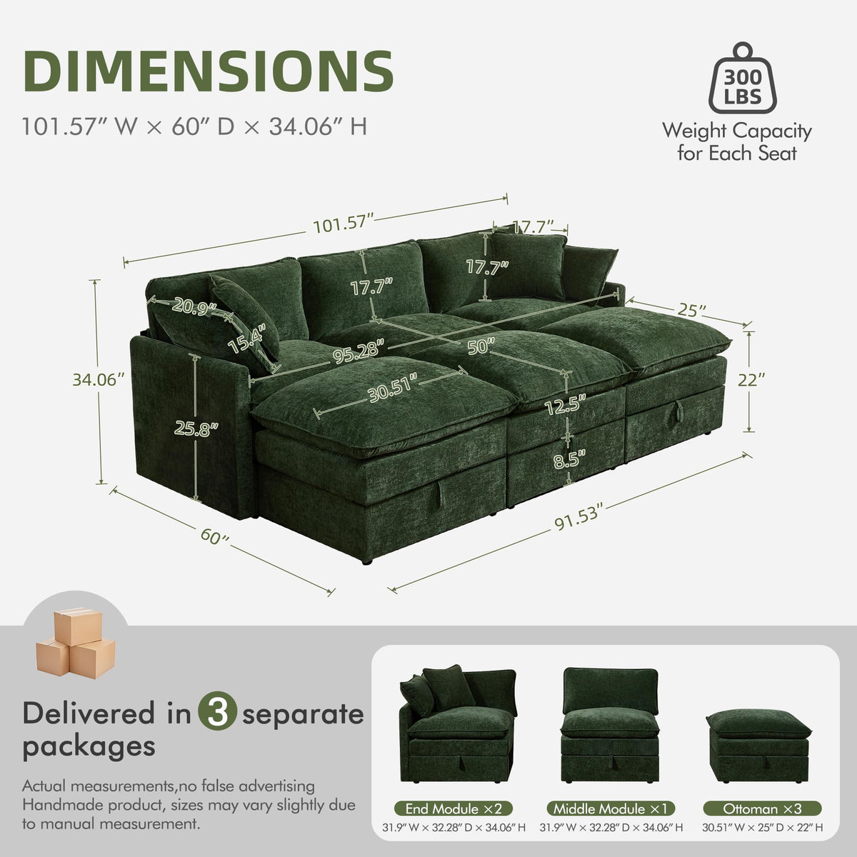 WorthFurni Modular Sectional Sofa Bed with Storage Ottomans,103" Cloud Couch,6-Seater Comfy Modern Couches with Pillows & Upholstered Deep Seat Cushion for Apartment Living Room Bedroom（Green）
