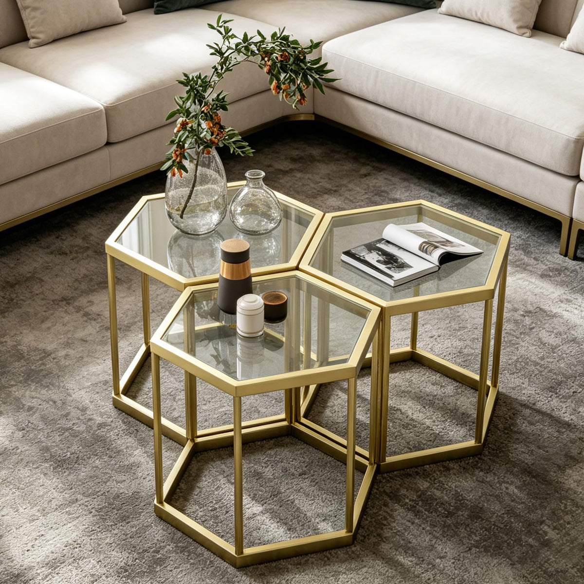 Gold Hexagonal Glass Coffee Table