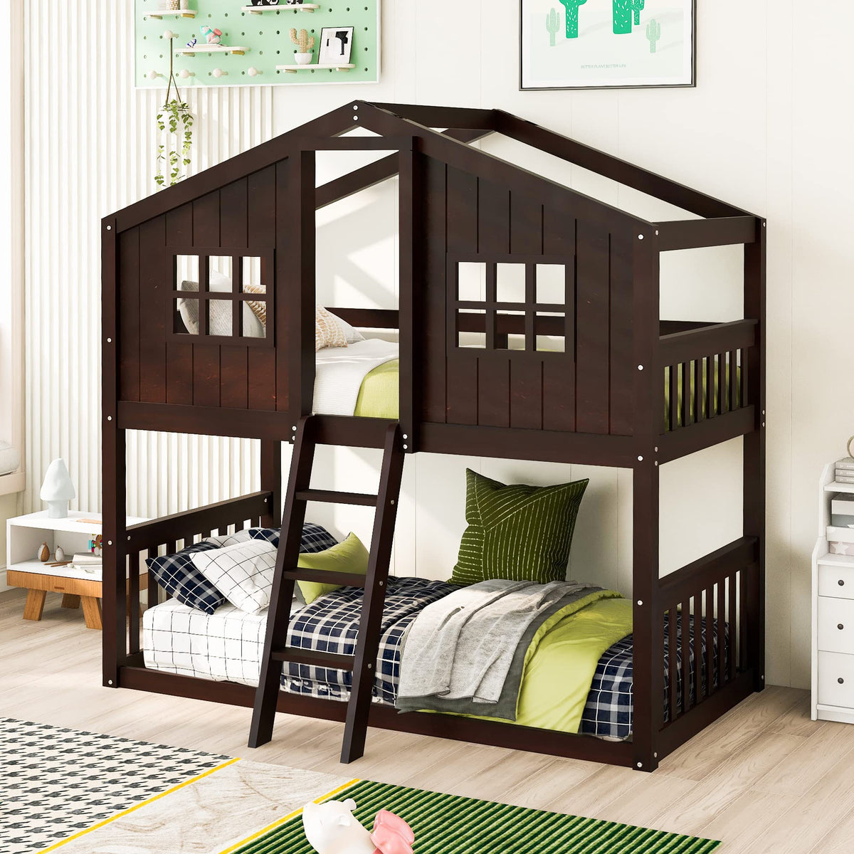 House Bunk Bed Twin Over Twin with Roof and Window for Kids Teens, Espresso
