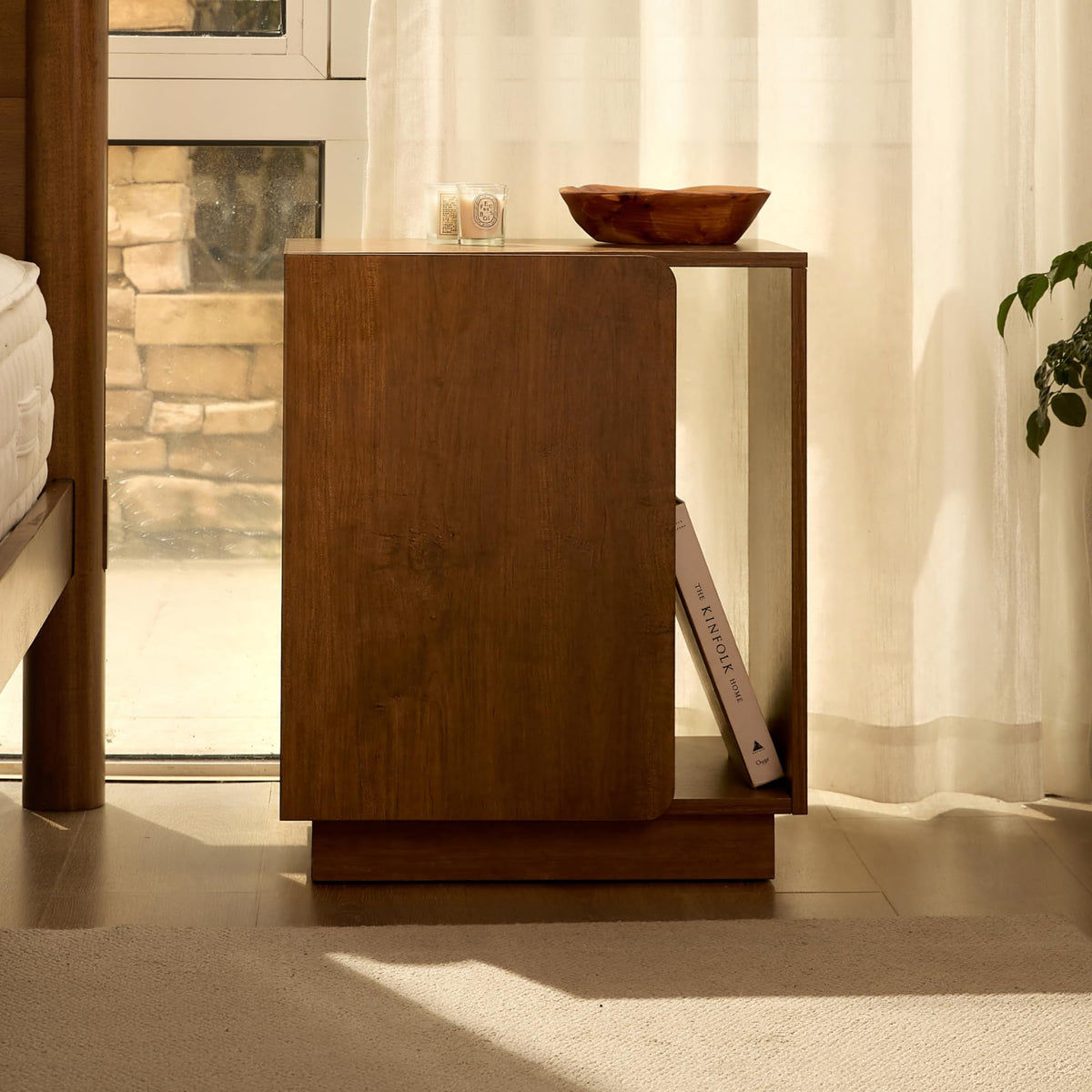 FLEXISPOT Mid-Century Modern Nightstand with Charging Station, Walnut, Left