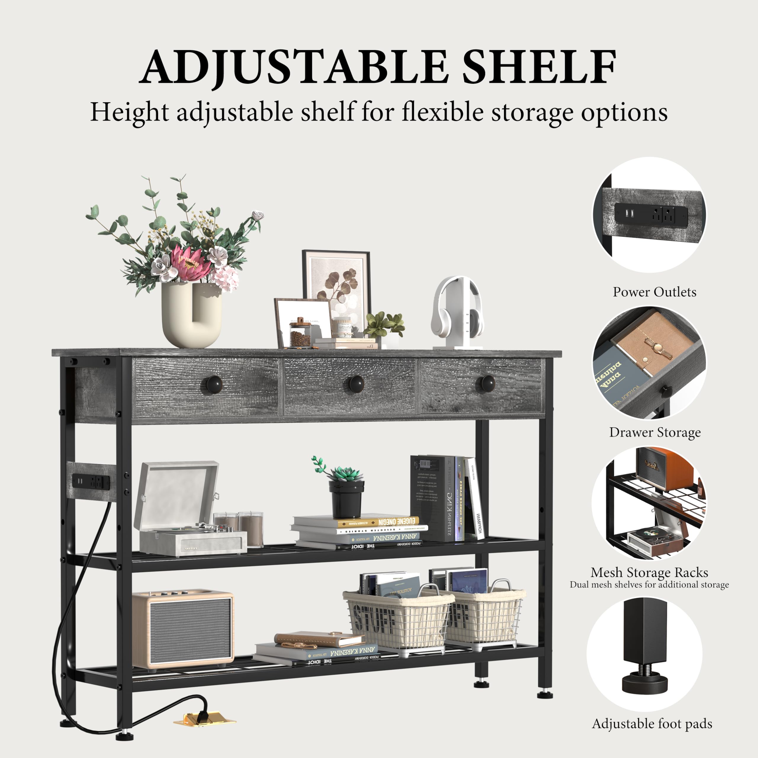 47" Narrow Console/Entryway Table with Storage & 3 Drawers & Outlets, for Sofa & Living Room, Hallway/Foyer/Couch/TV/ Aquarium Stand Table for Entryway with USB Ports, LED Light Strip,Perfect for Home