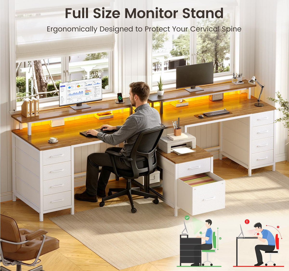 95'' 2 Person Desk with 10 Drawers, Outlets & LED for Gaming, Home Office