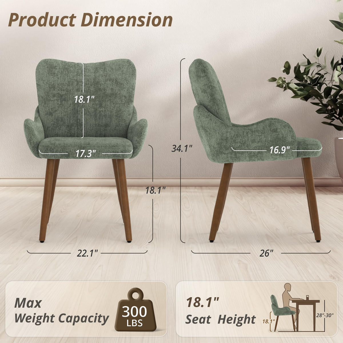 LUE BONA Wingback Upholstered Dining Chair with Arms, Green