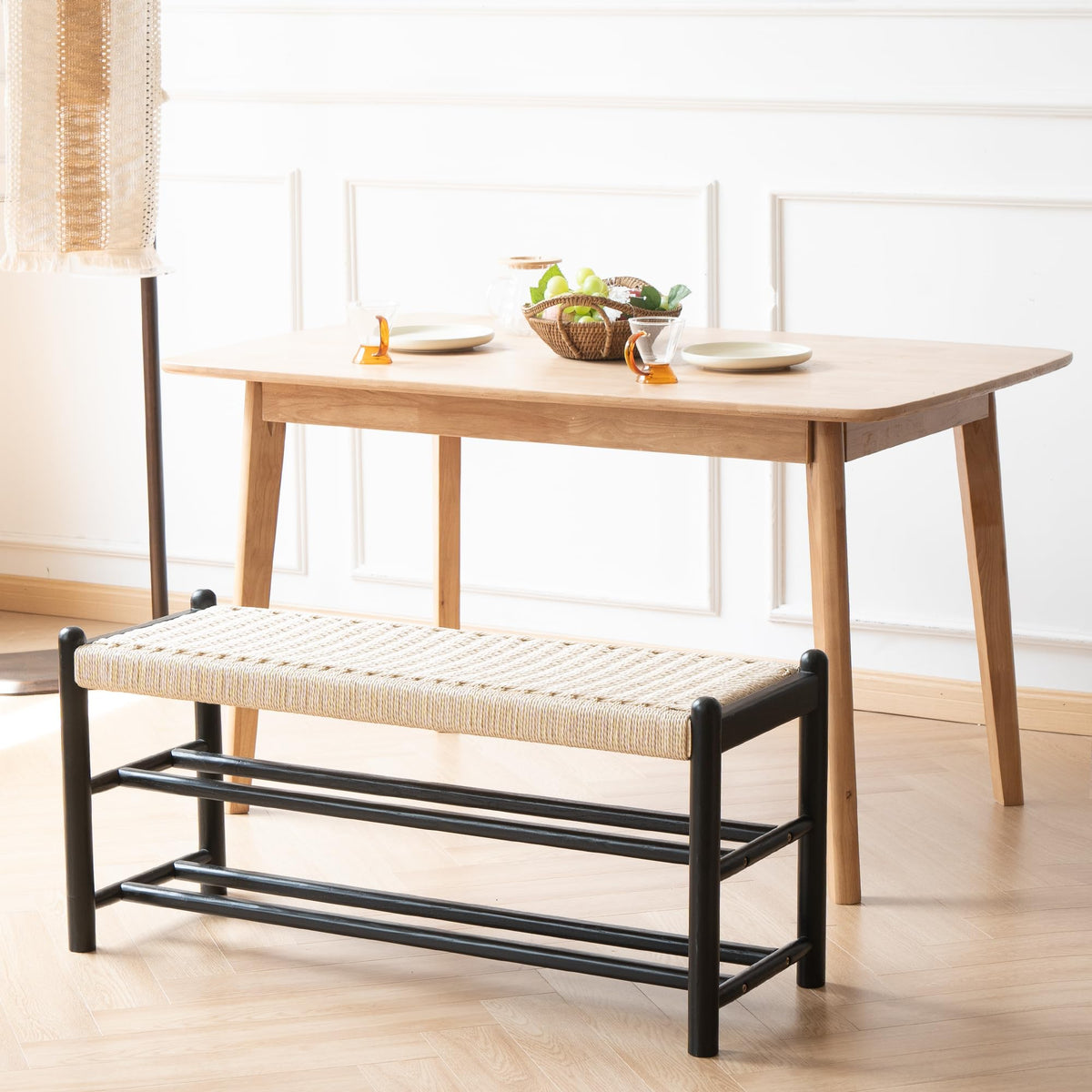 Solid Wood Woven Seat Storage Bench