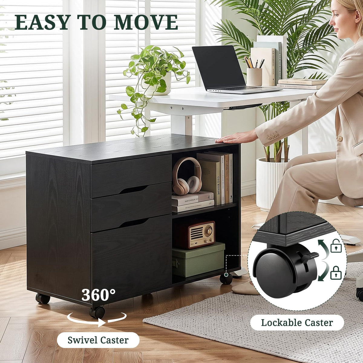 Lateral File Cabinet with 3 Drawers, Rolling Filing Cabinet with Wheels