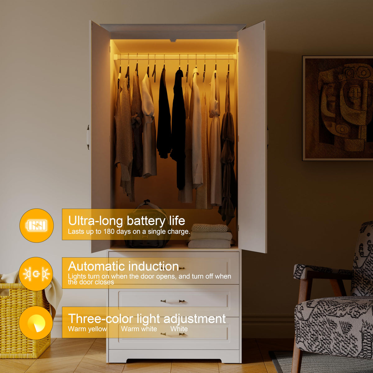 White LED Wardrobe with 3 Drawers