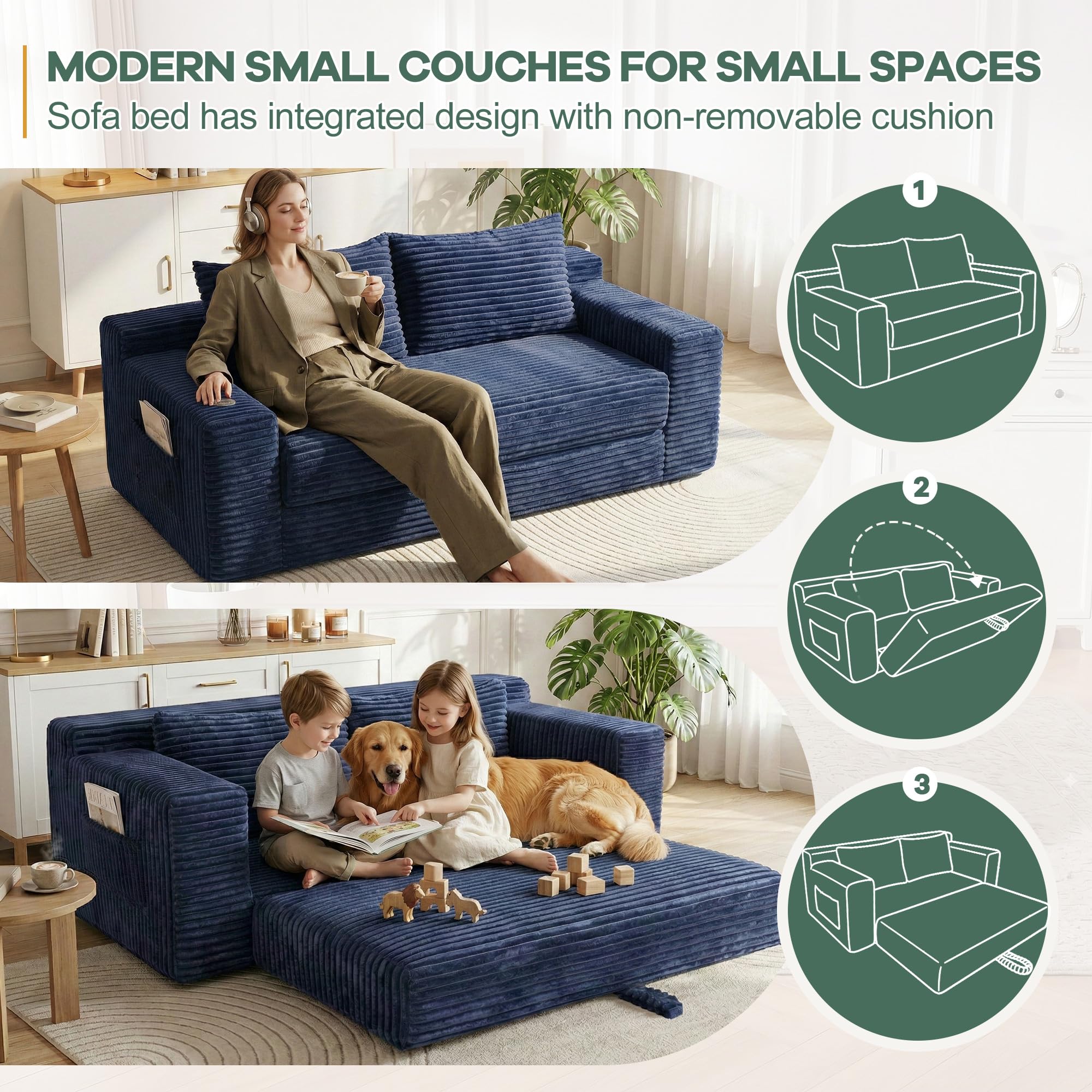 73" Convertible Sofa Bed, Corduroy Boneless Loveseat Sleeper, Fold Out Floor Couch Bed with 2 Pillows, Memory Foam Cloud Futon Couch for Living Room Guest Room Small Space, No Assembly (Blue, 73")