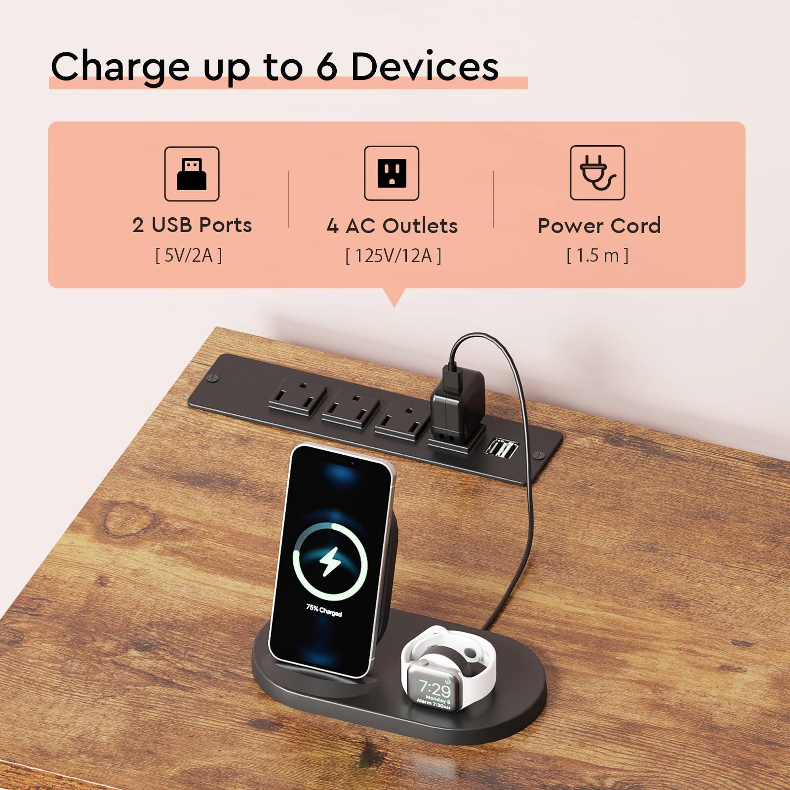 6-Drawer Rolling File Cabinet with Charging Station