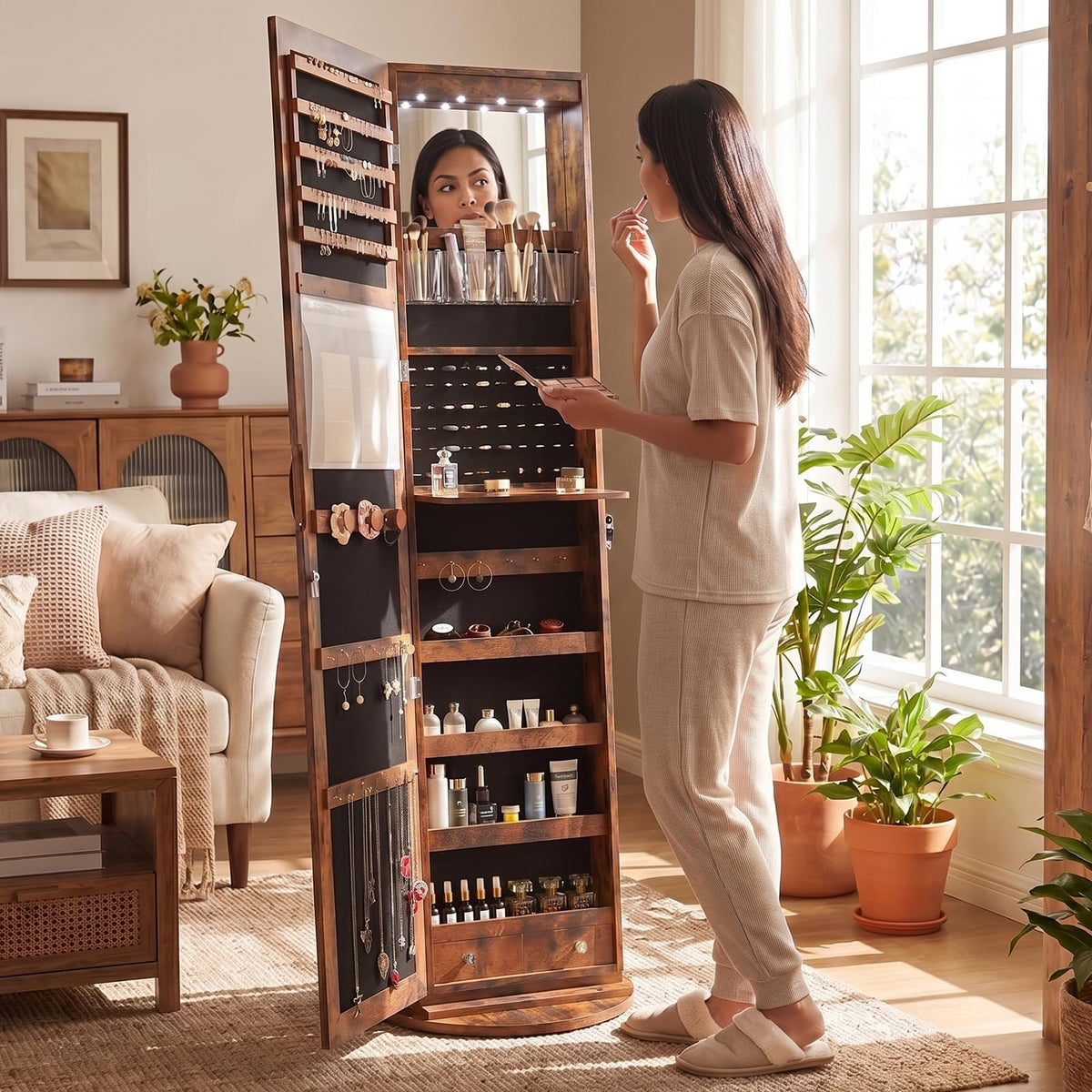 OLIXIS 360° Swivel Jewelry Cabinet with Light, Lockable Full Length Mirror